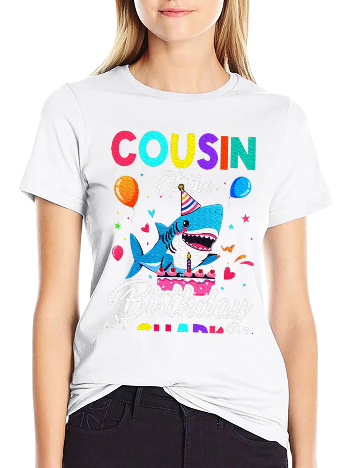 Cousin Of The Birthday Shark Black T-Shirt