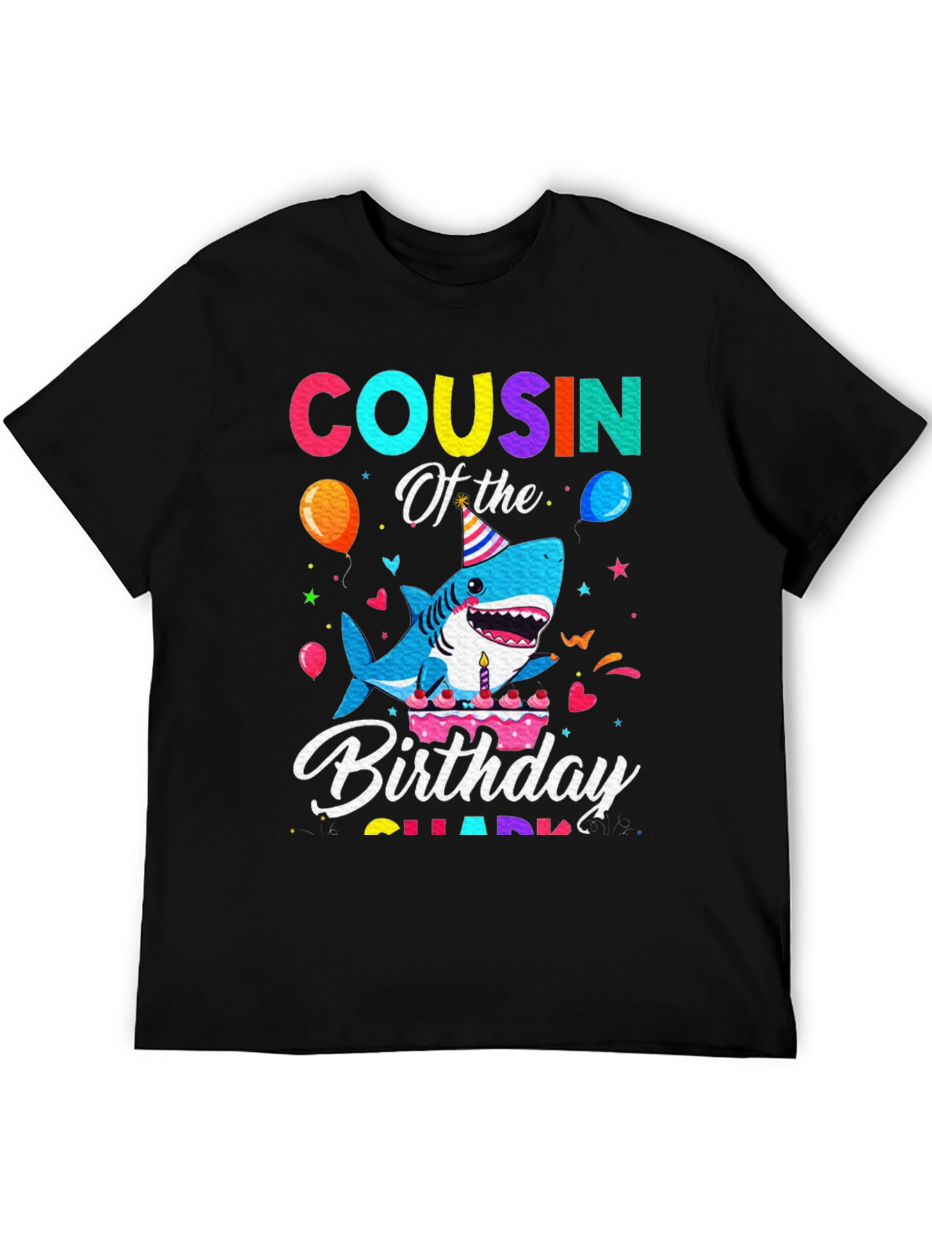 Cousin Of The Birthday Shark Black T-Shirt