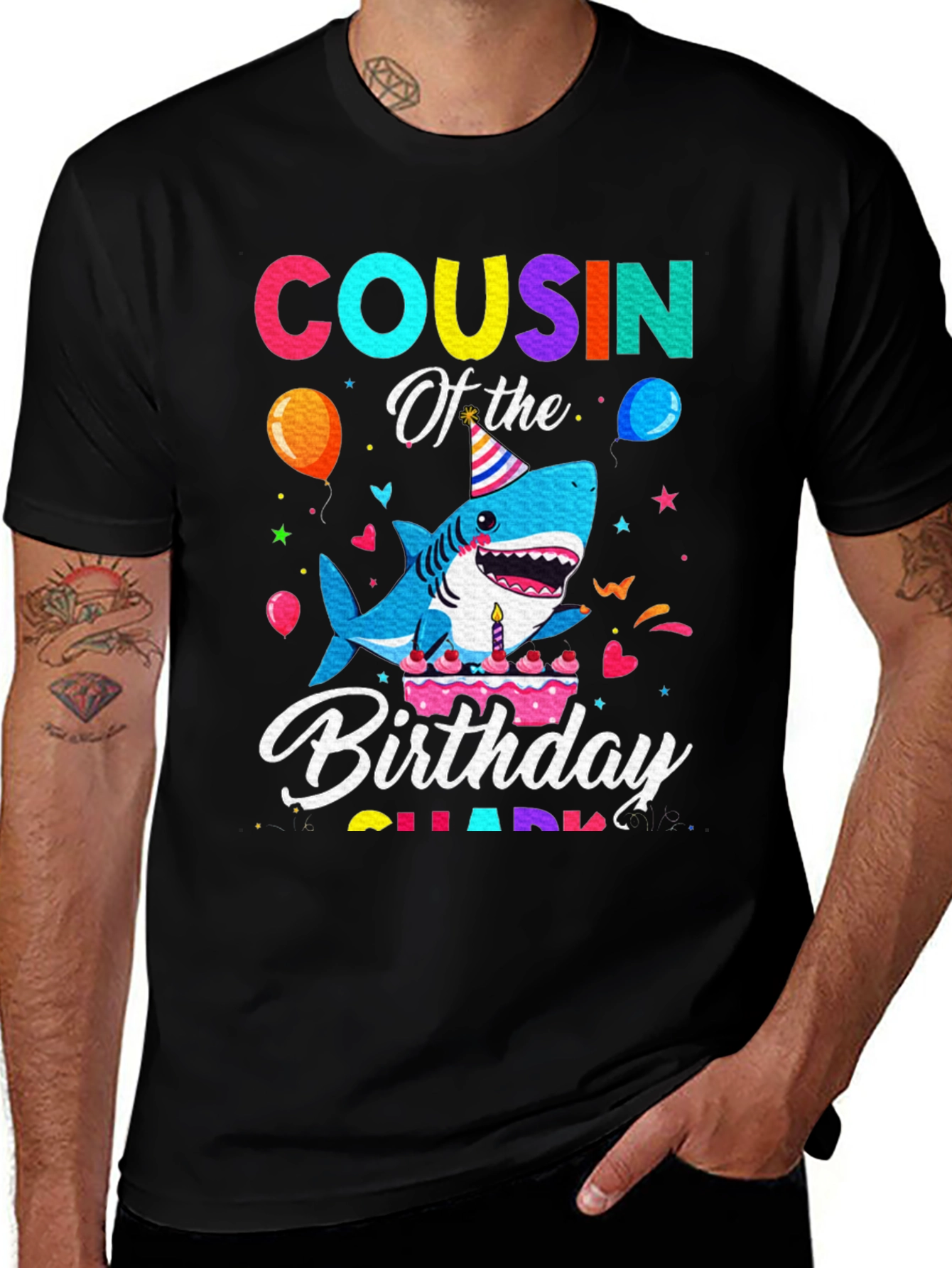 Cousin Of The Birthday Shark Black T-Shirt