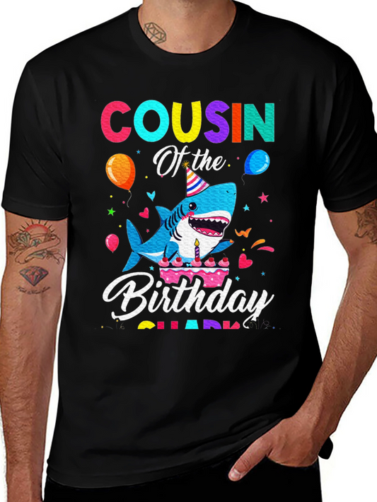 Cousin Of The Birthday Shark Black T-Shirt