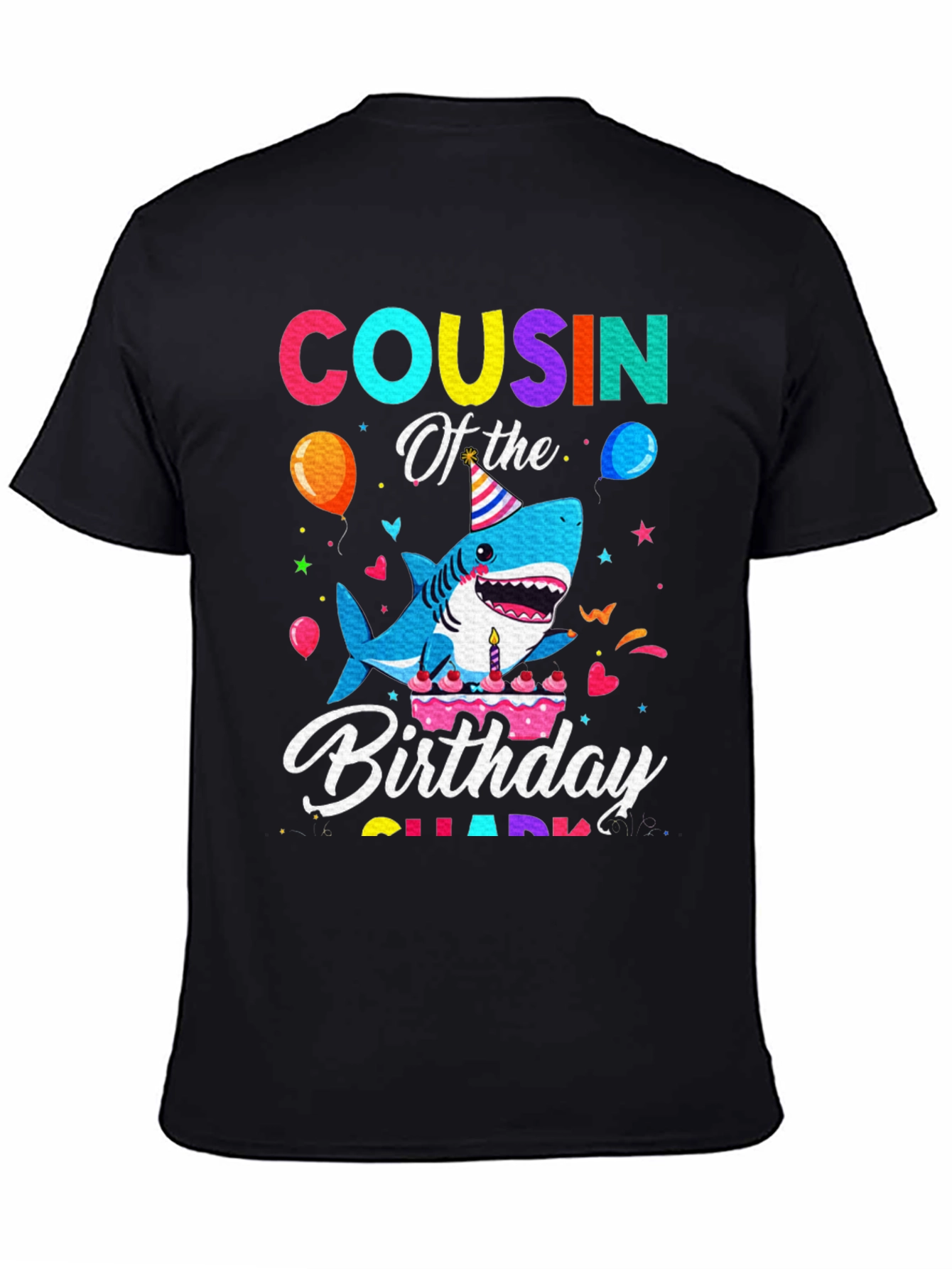 Cousin Of The Birthday Shark Black T-Shirt