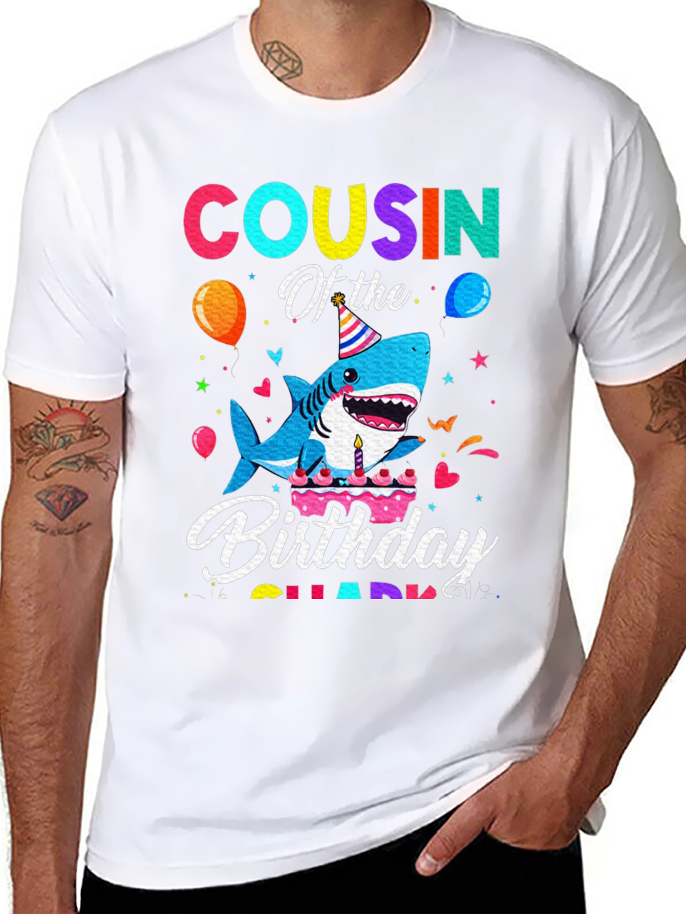 Cousin Of The Birthday Shark Black T-Shirt