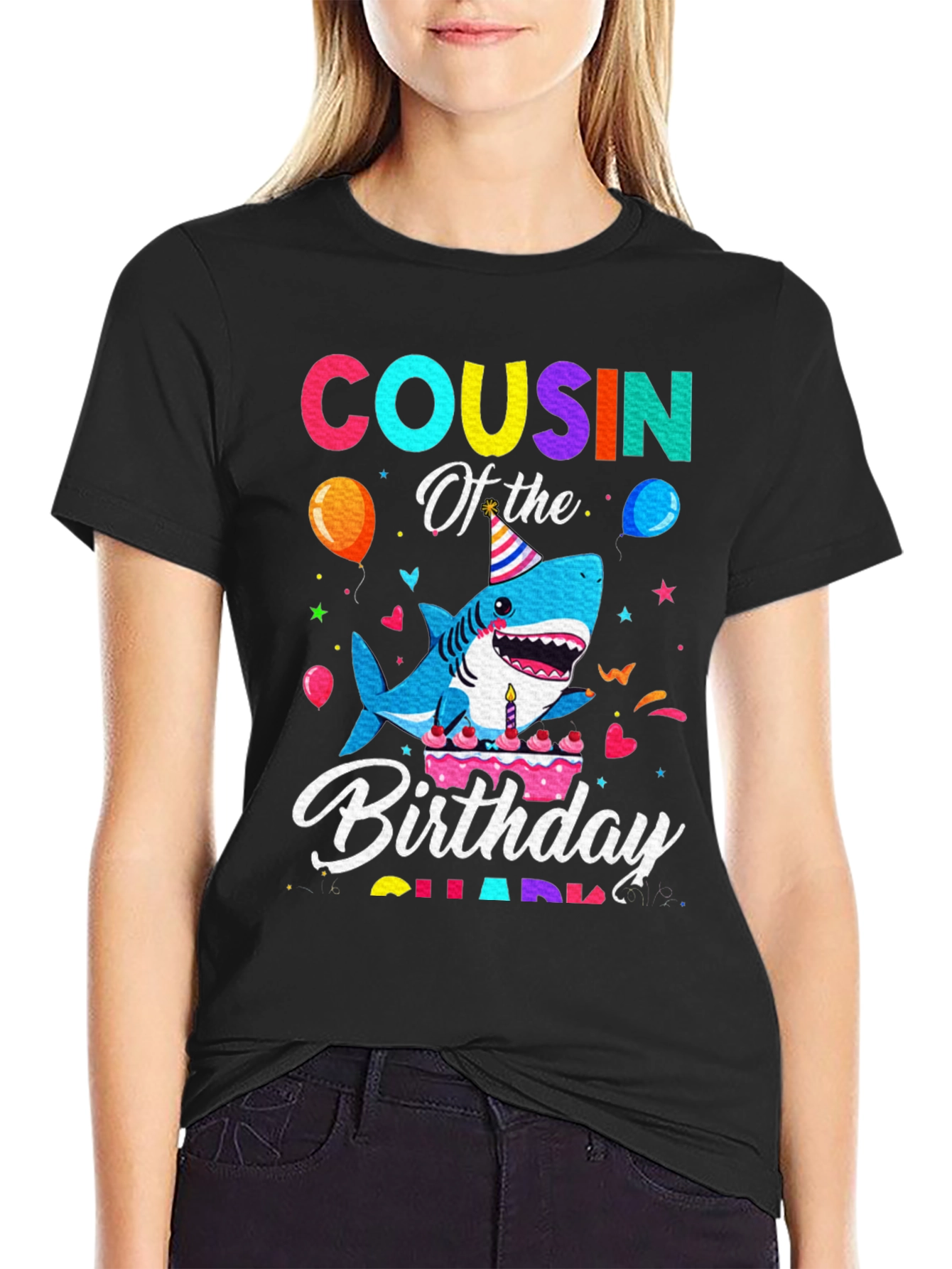 Cousin Of The Birthday Shark Black T-Shirt