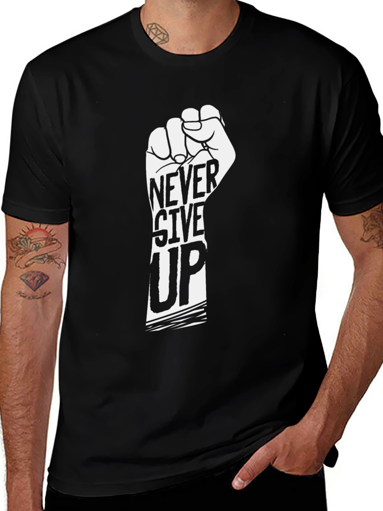 Never Give Up Graphic Tee - Motivational Black T-Shirt