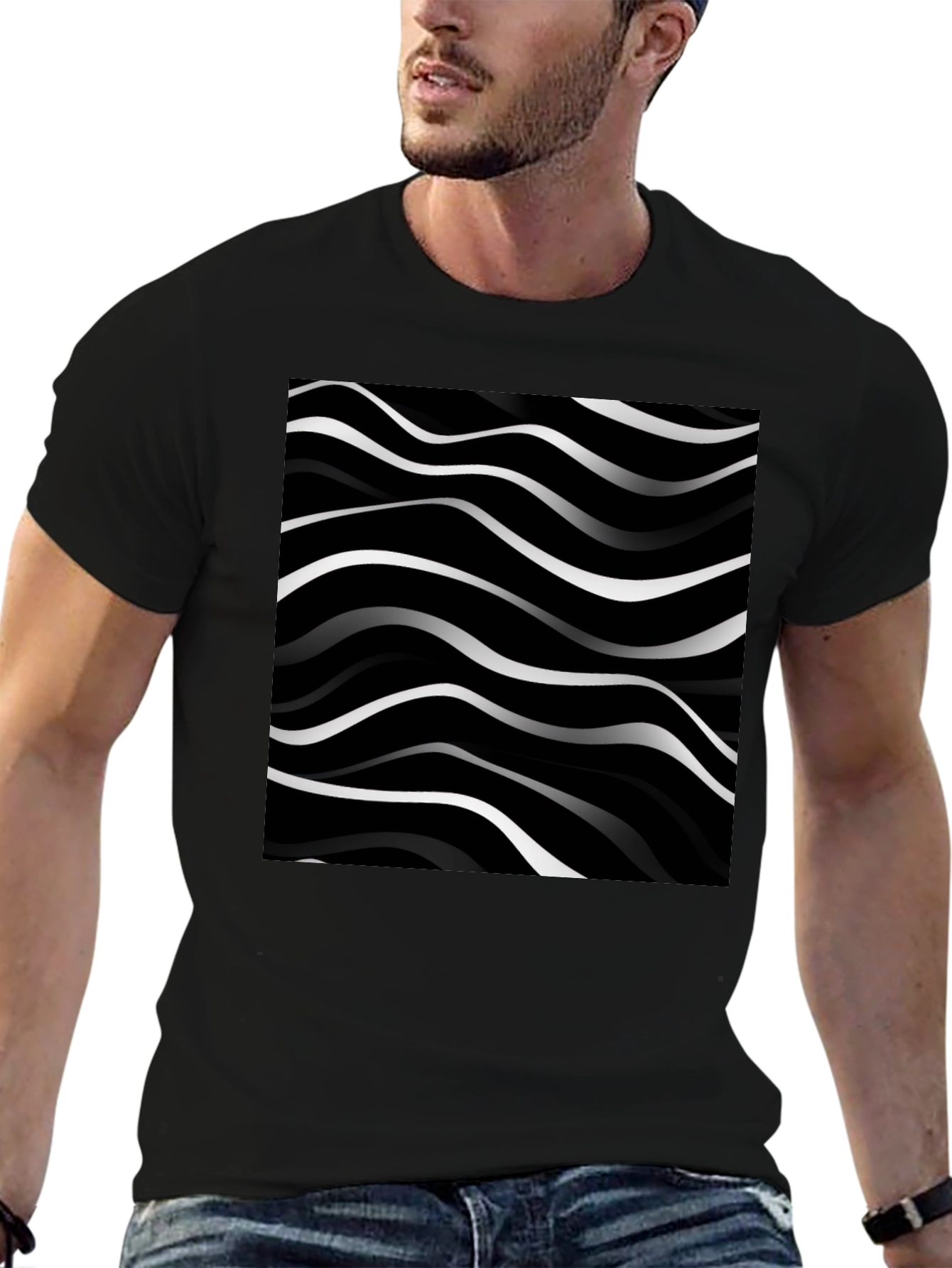 Abstract Wave Pattern Black T-Shirt