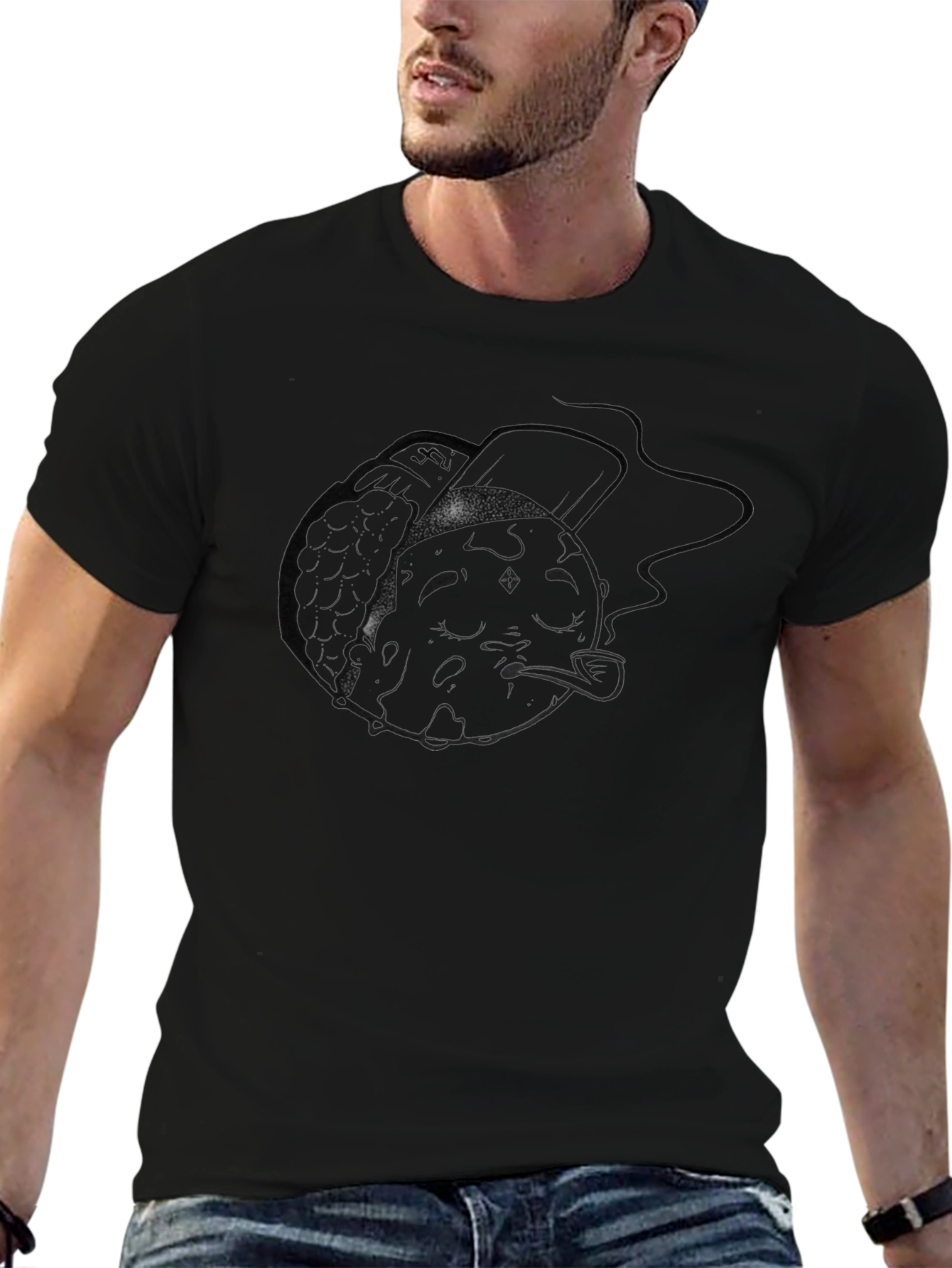 Mens Black Graphic T-Shirt - Moon Smoker Design