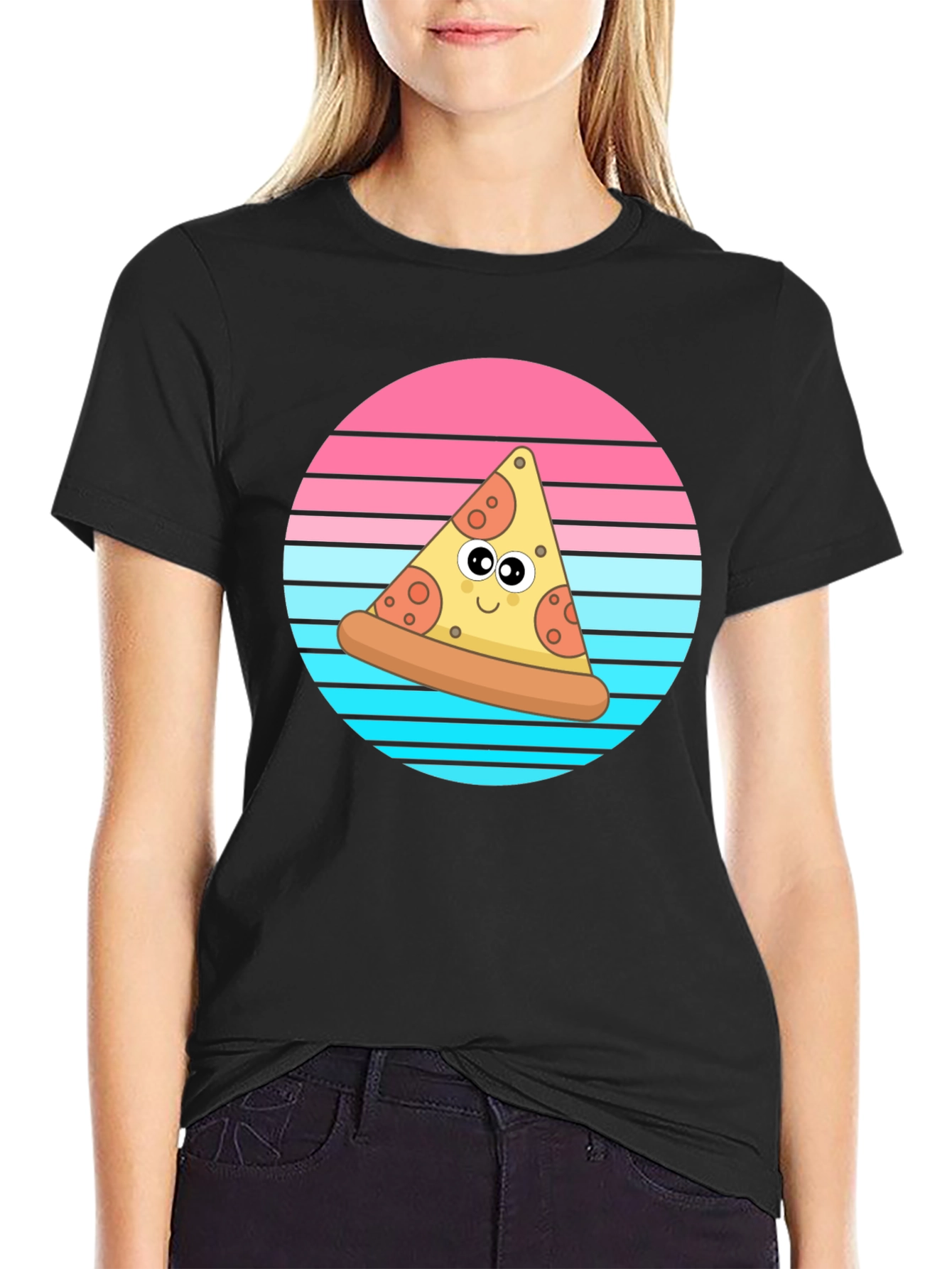 Cartoon Pizza Slice Graphic T-Shirt