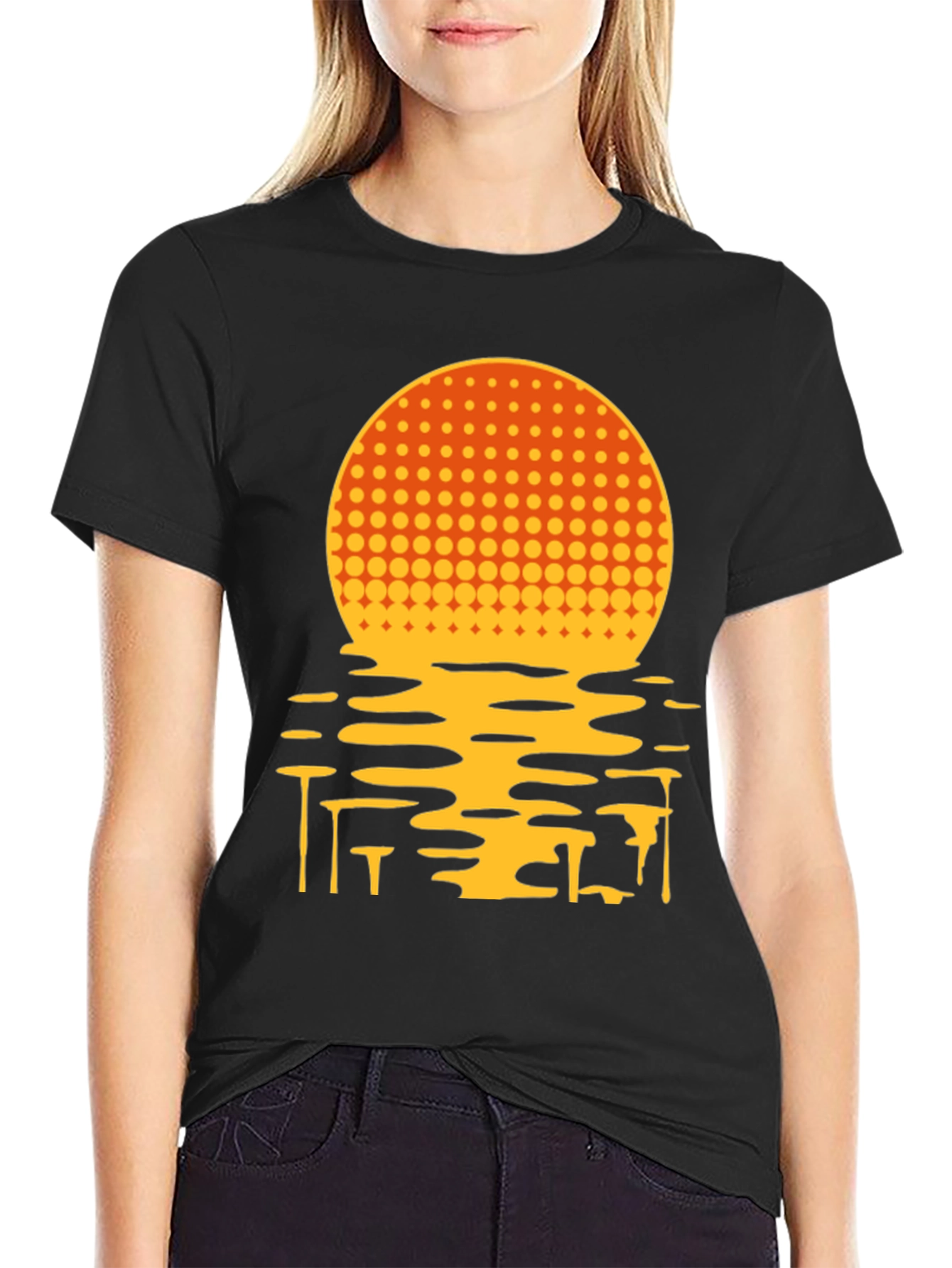 Retro Sunset Graphic Tee - Black Cotton Blend