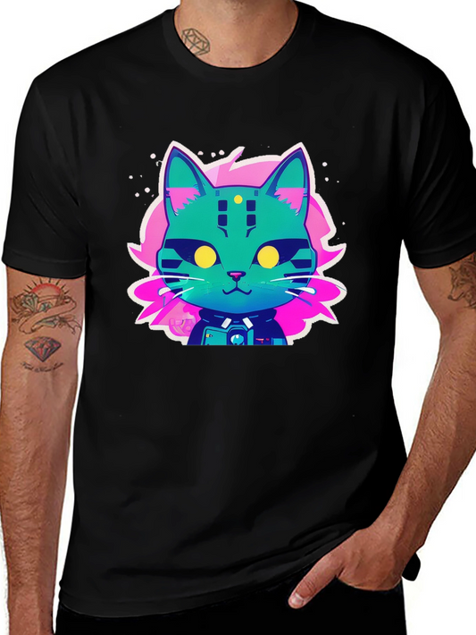 Cyberpunk Cat Graphic T-Shirt - Black Cotton Tee