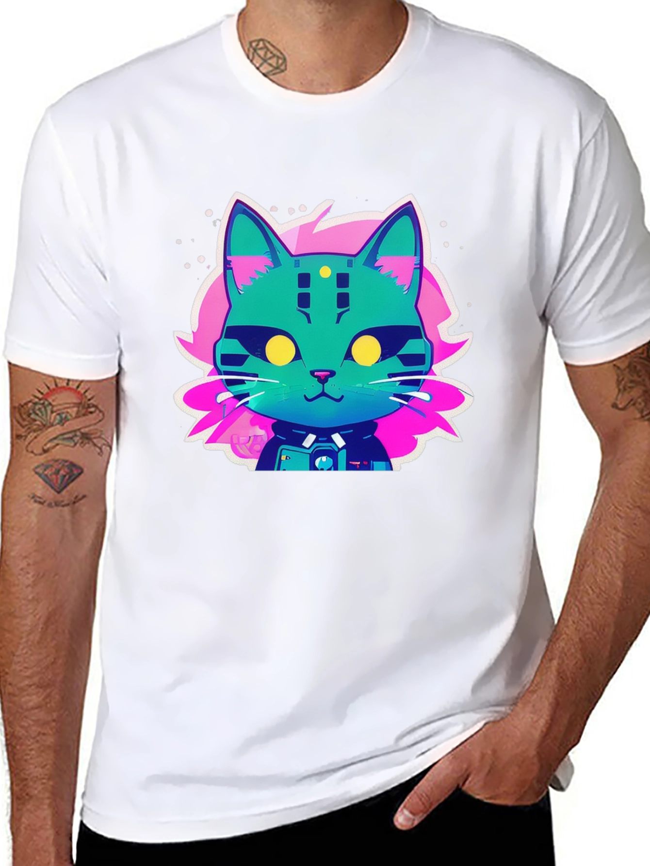 Cyberpunk Cat Graphic T-Shirt - Black Cotton Tee