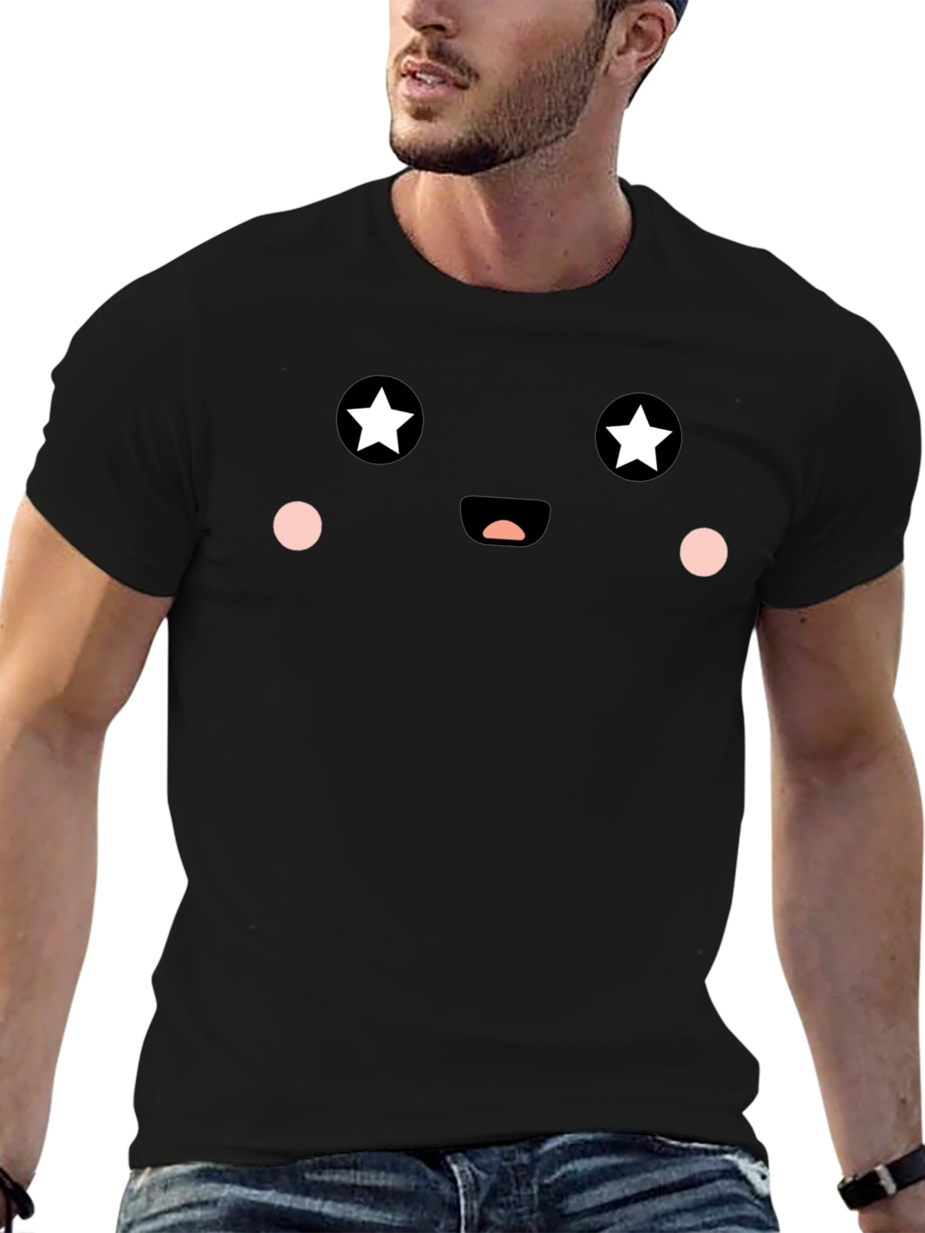 Cute Star Eyes Face Graphic Tee - Black T-Shirt
