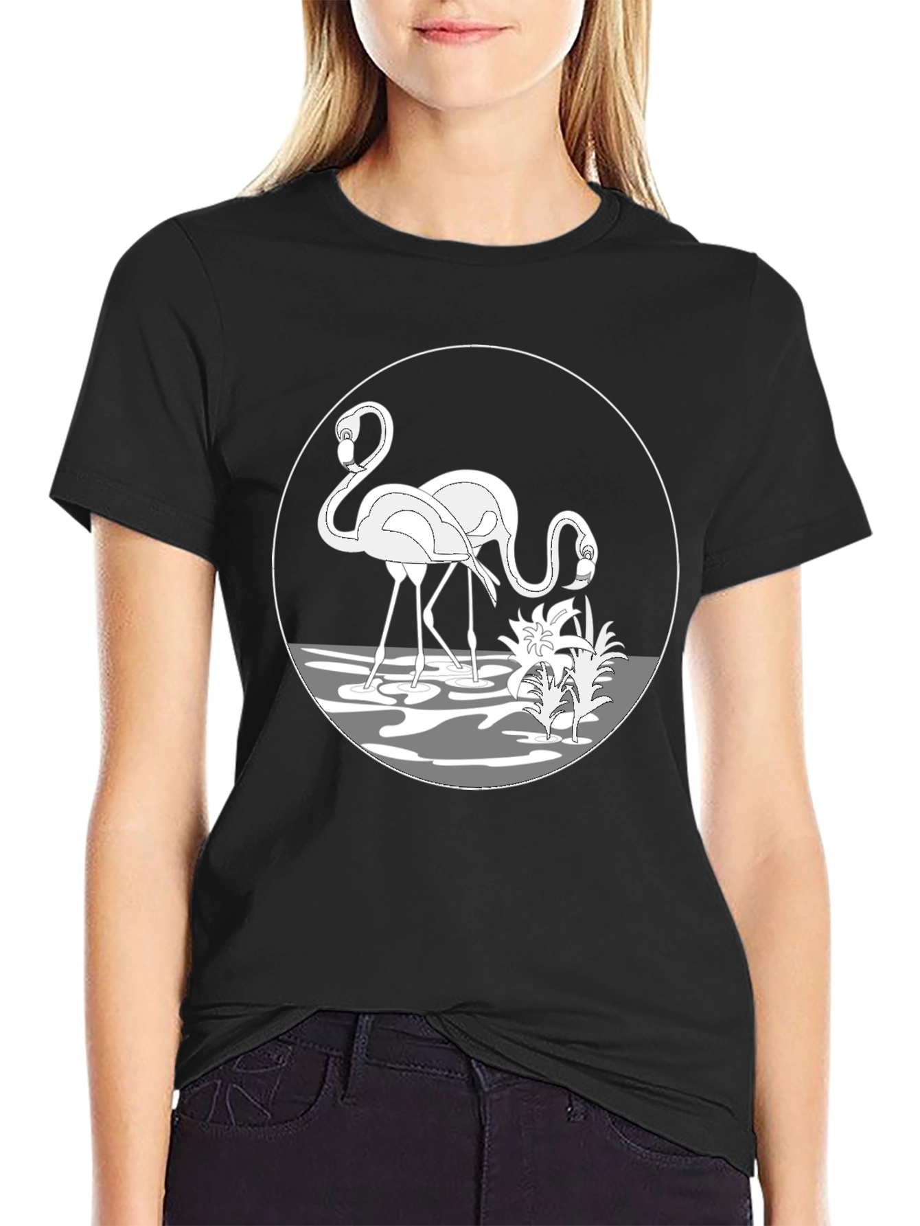 Flamingo Graphic Tee - Black Crew Neck T-Shirt