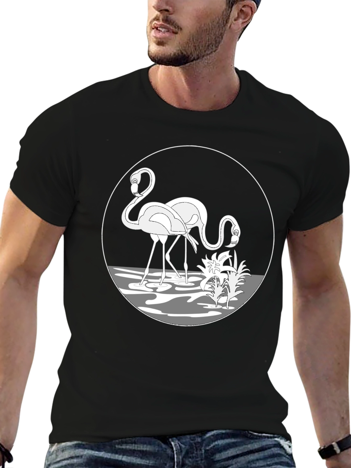 Flamingo Graphic Tee - Black Crew Neck T-Shirt