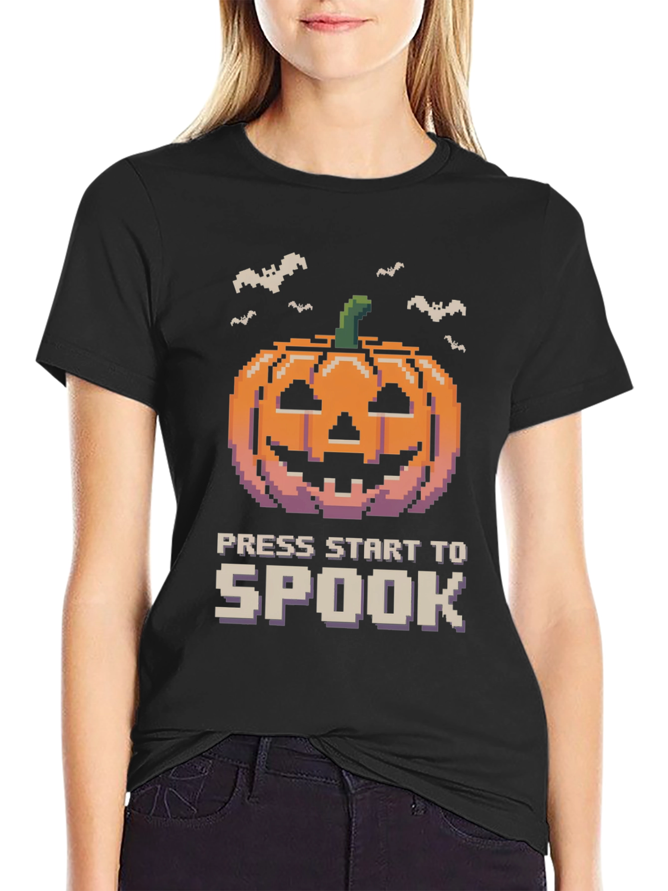 Pixel Pumpkin Press Start to Spook Halloween T-Shirt