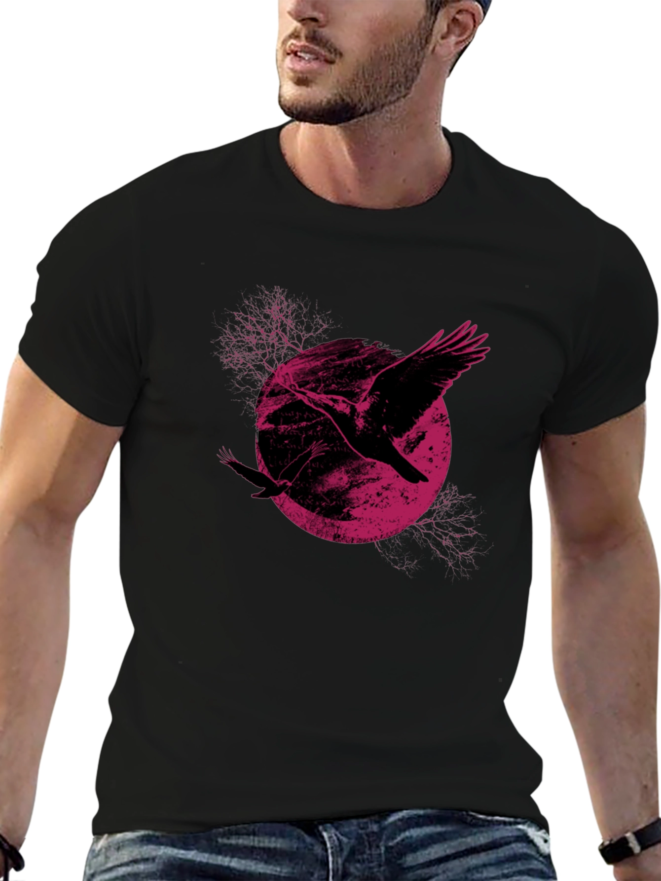 Raven Moon Graphic Tee - Black Cotton T-Shirt