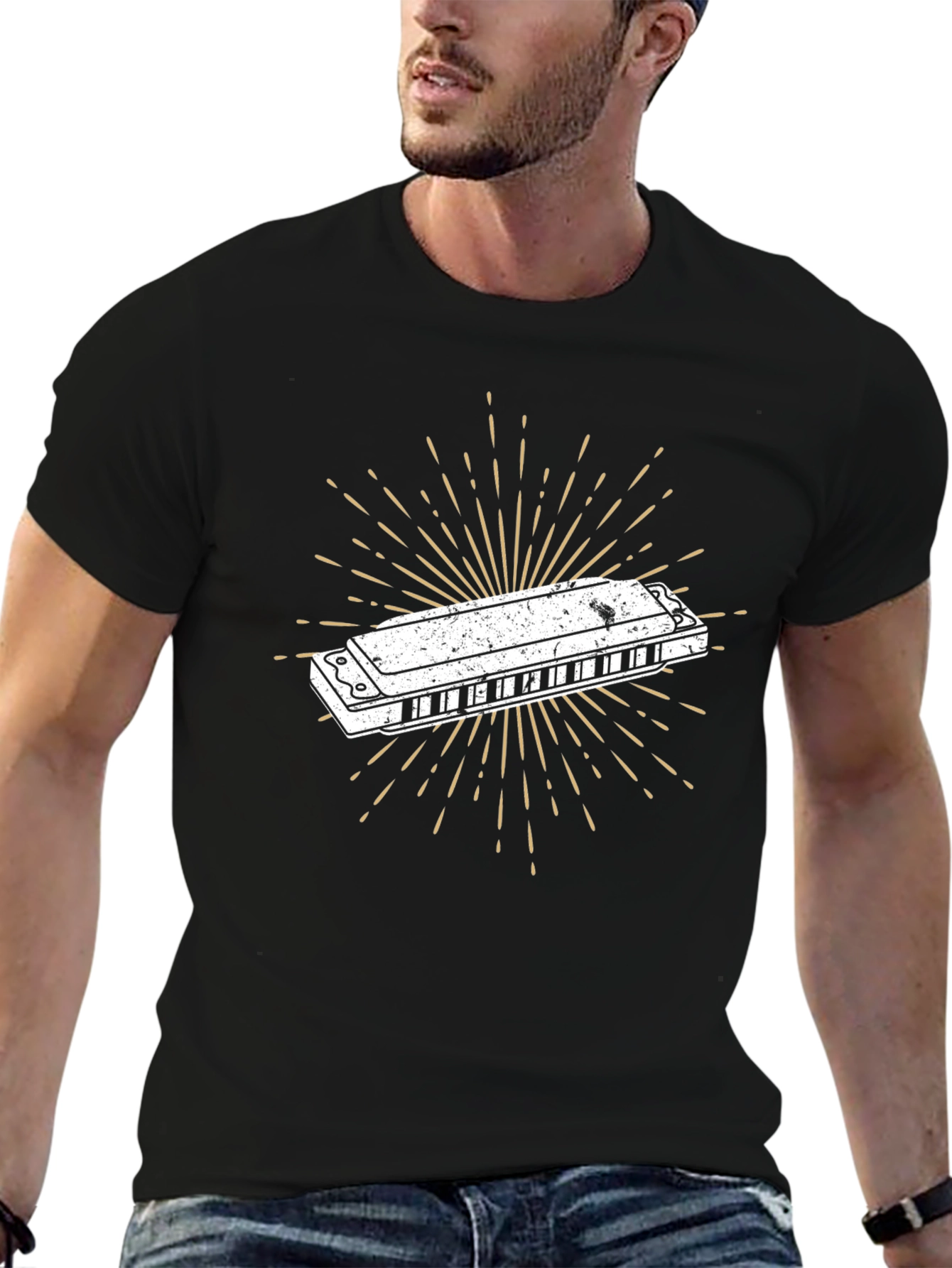 Harmonica Burst Graphic Tee - Black Cotton Casual
