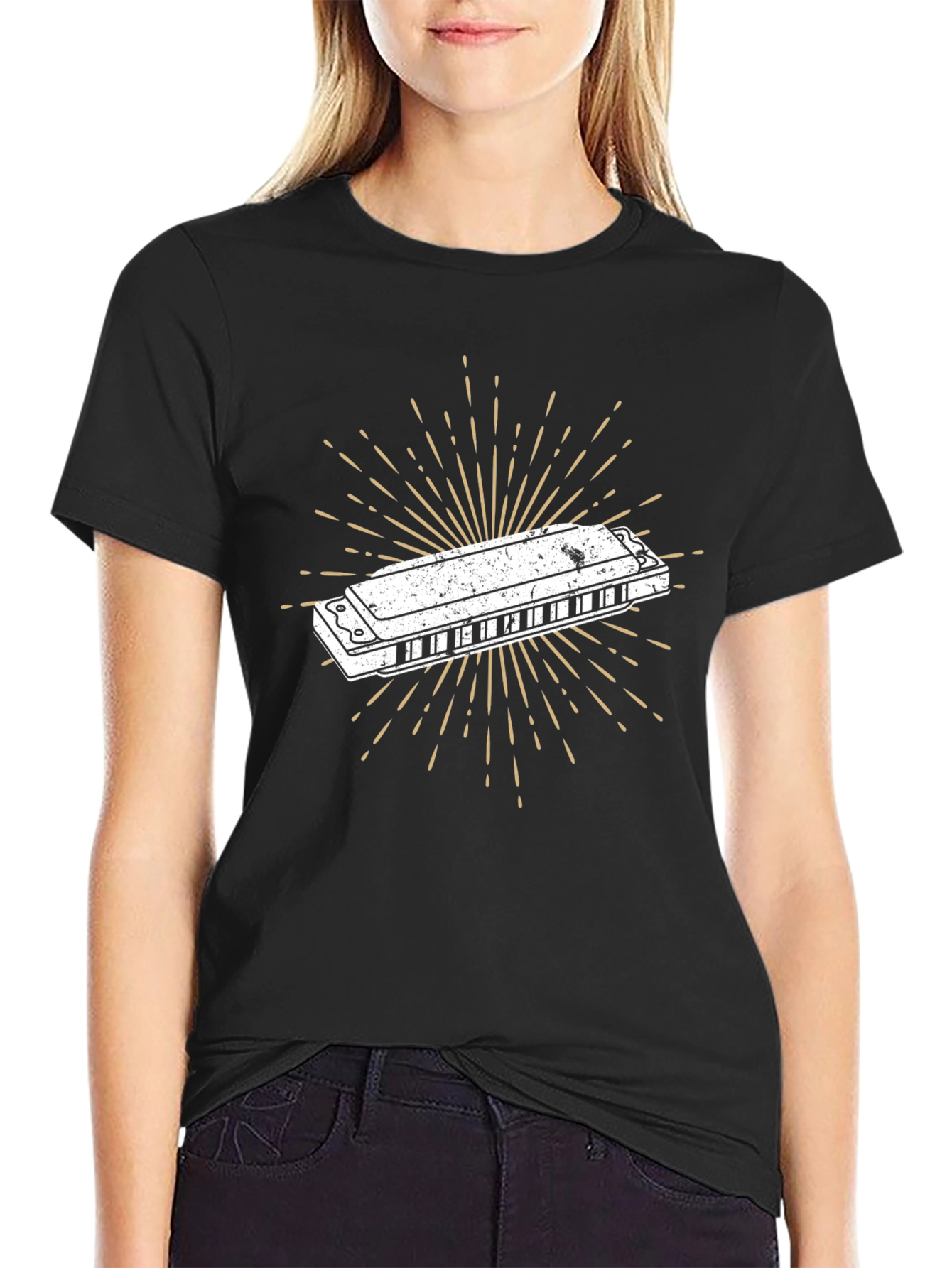 Harmonica Burst Graphic Tee - Black Cotton Casual