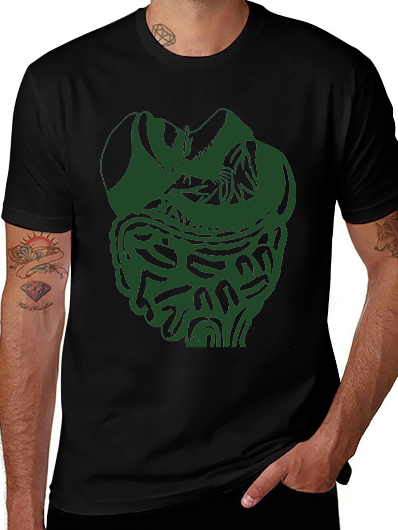 Unique Green Intestine Graphic Black T-Shirt