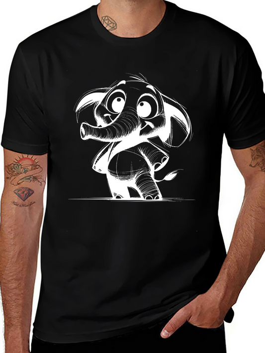 Cartoon Elephant Graphic Tee - Black Cotton Casual Shirt