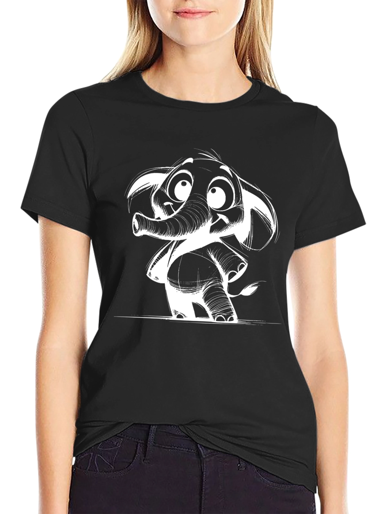Cartoon Elephant Graphic Tee - Black Cotton Casual Shirt