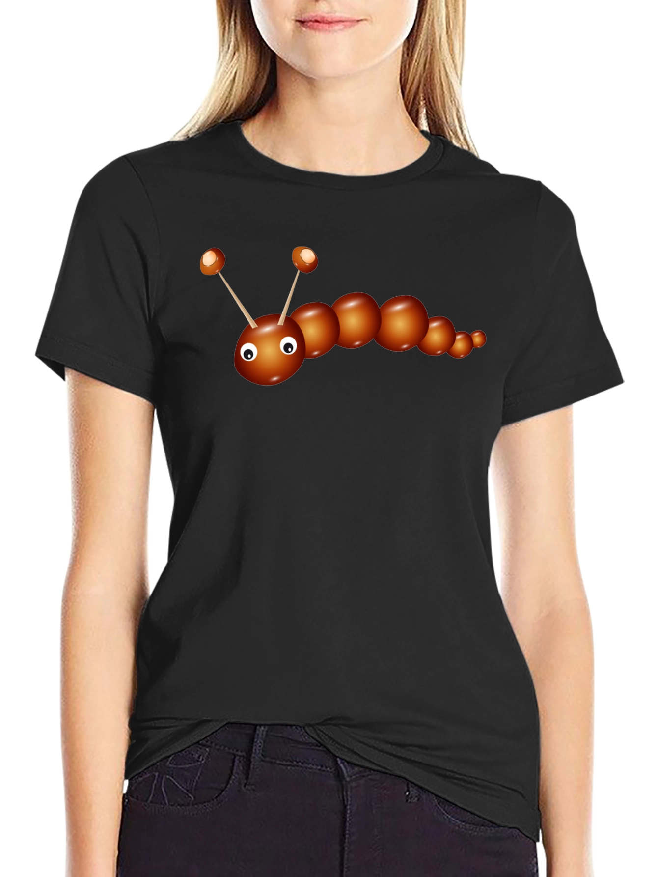 Cartoon Caterpillar Graphic Tee - Black Cotton T-Shirt