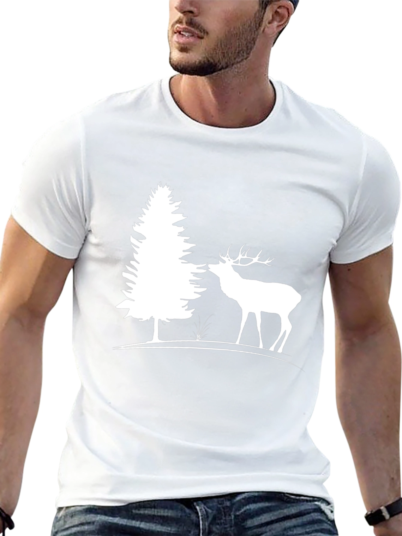 Black Deer & Pine Tree Graphic T-Shirt