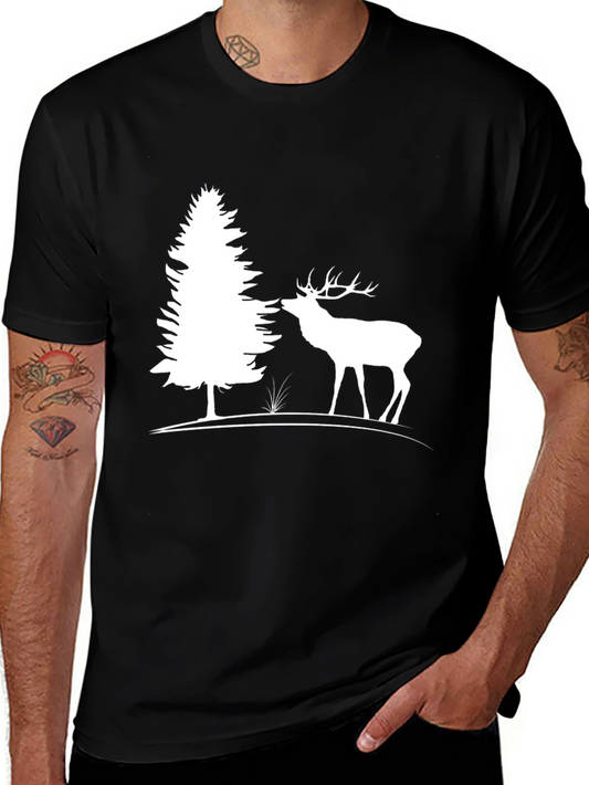 Black Deer & Pine Tree Graphic T-Shirt