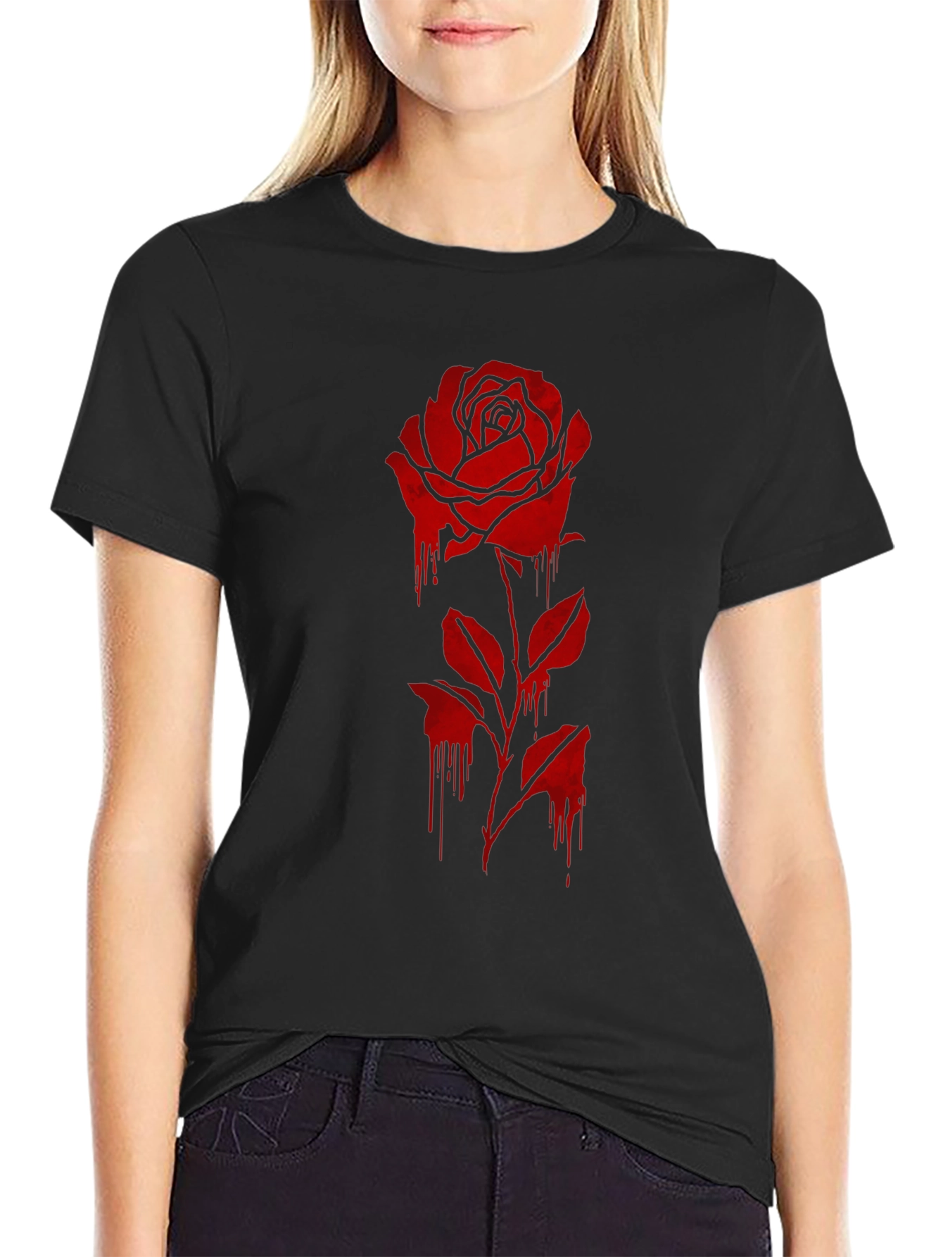 Mens Black T-Shirt with Dripping Rose Graphic