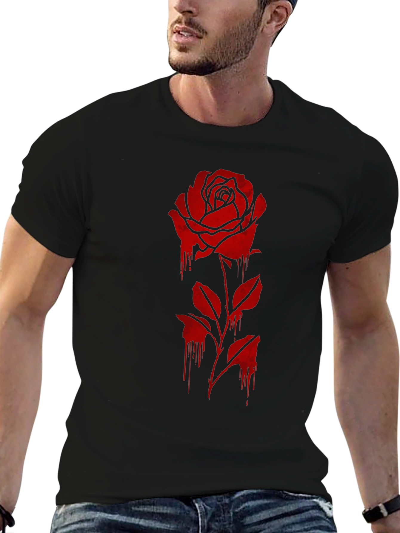 Mens Black T-Shirt with Dripping Rose Graphic