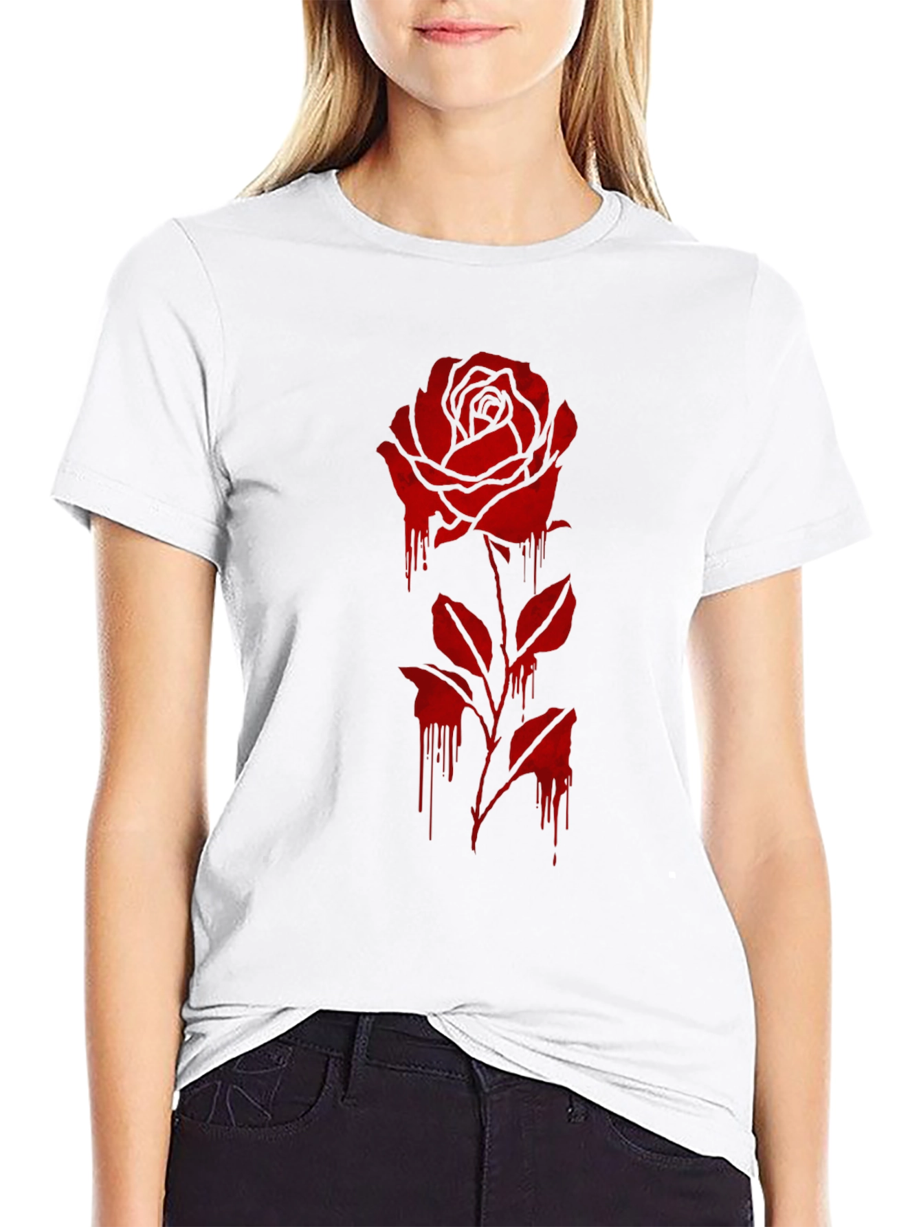 Mens Black T-Shirt with Dripping Rose Graphic