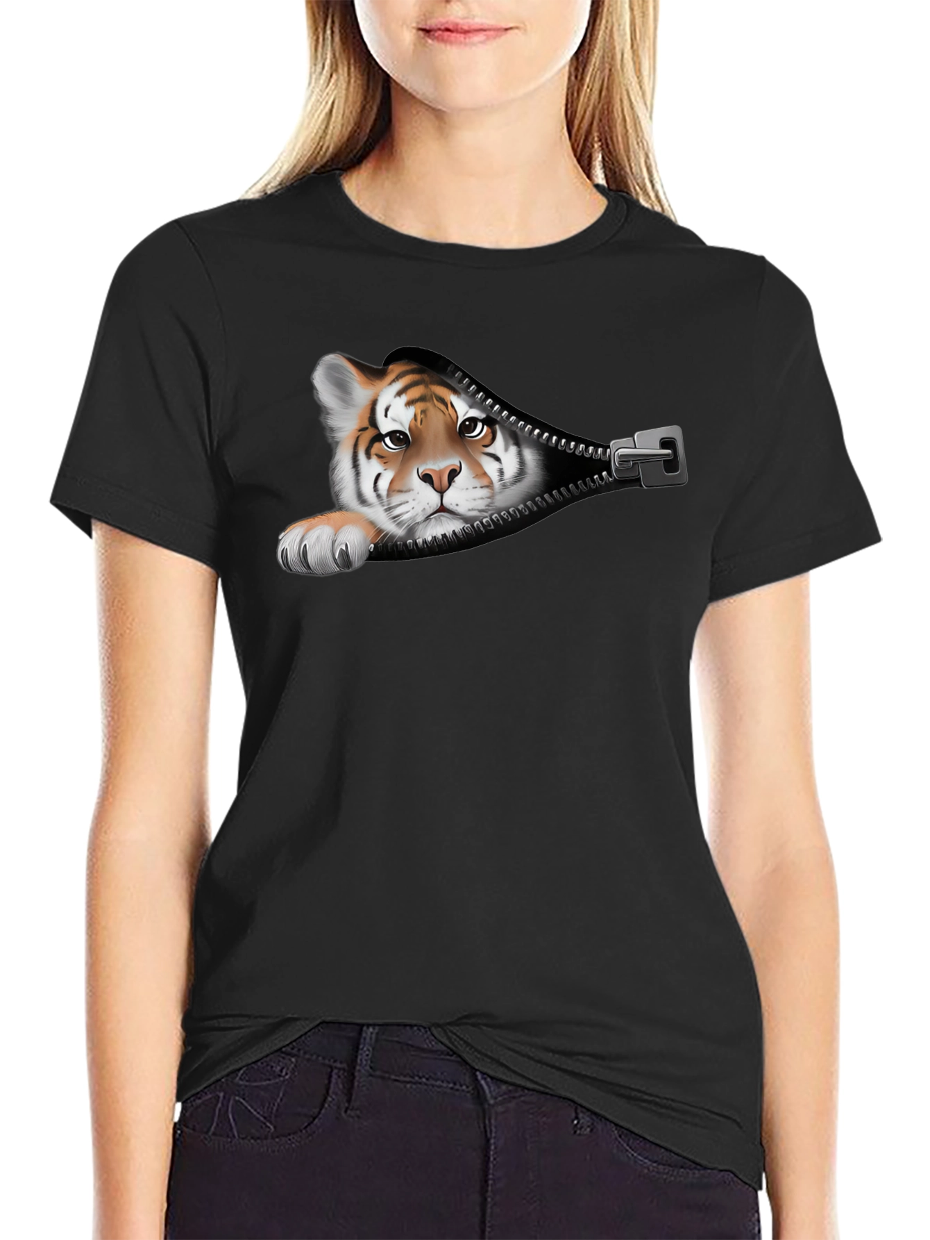 Tiger Peeking Out Zipper Graphic T-Shirt
