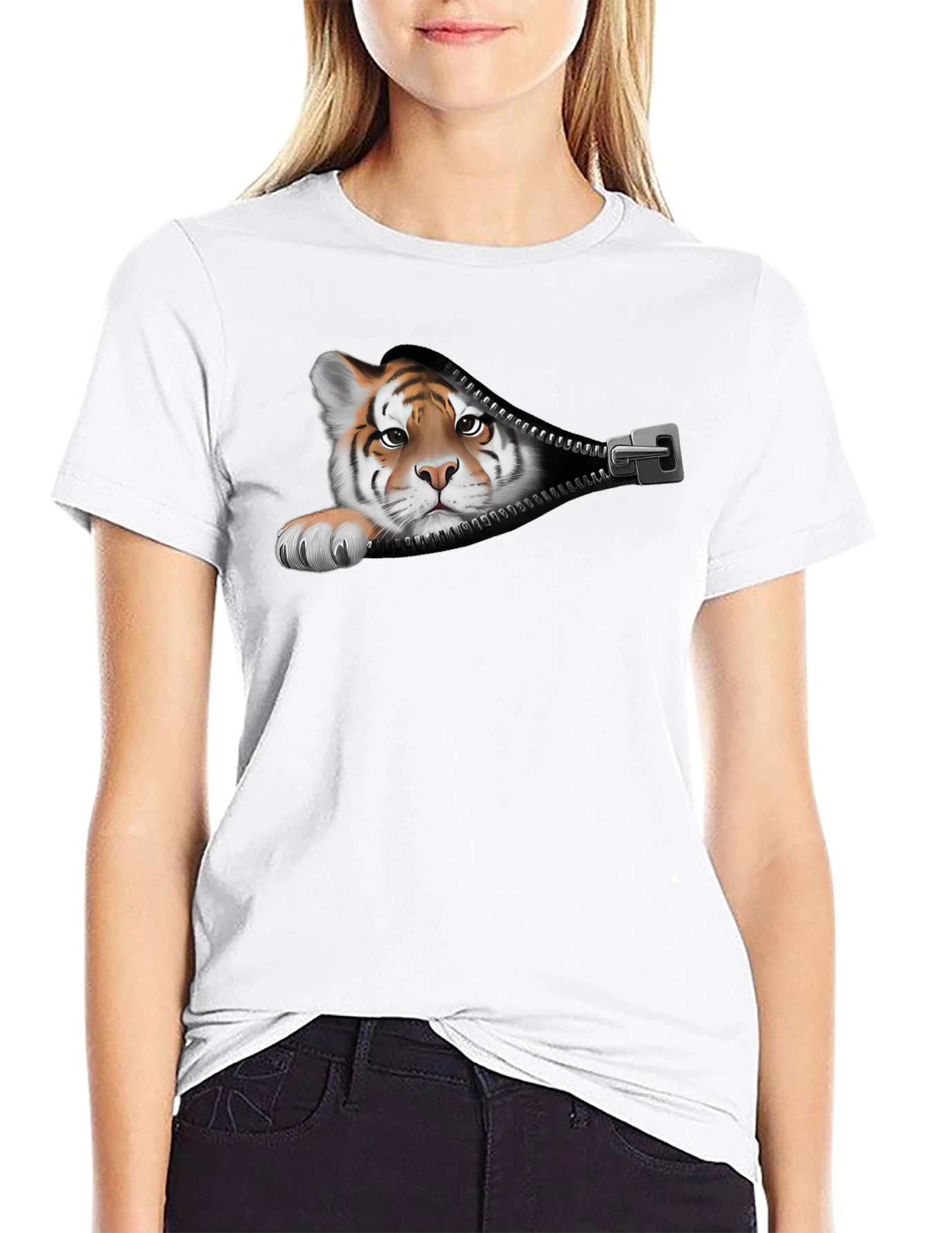Tiger Peeking Out Zipper Graphic T-Shirt