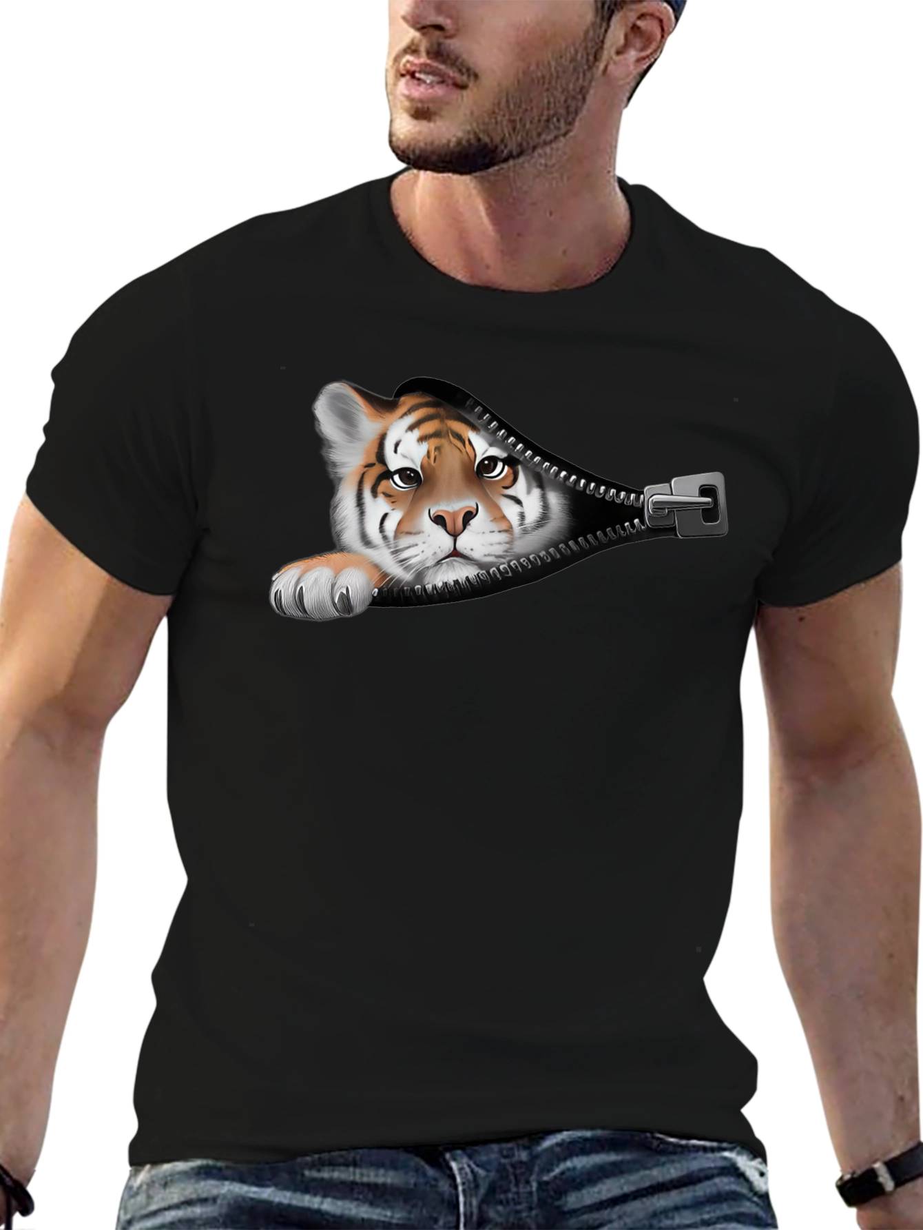 Tiger Peeking Out Zipper Graphic T-Shirt