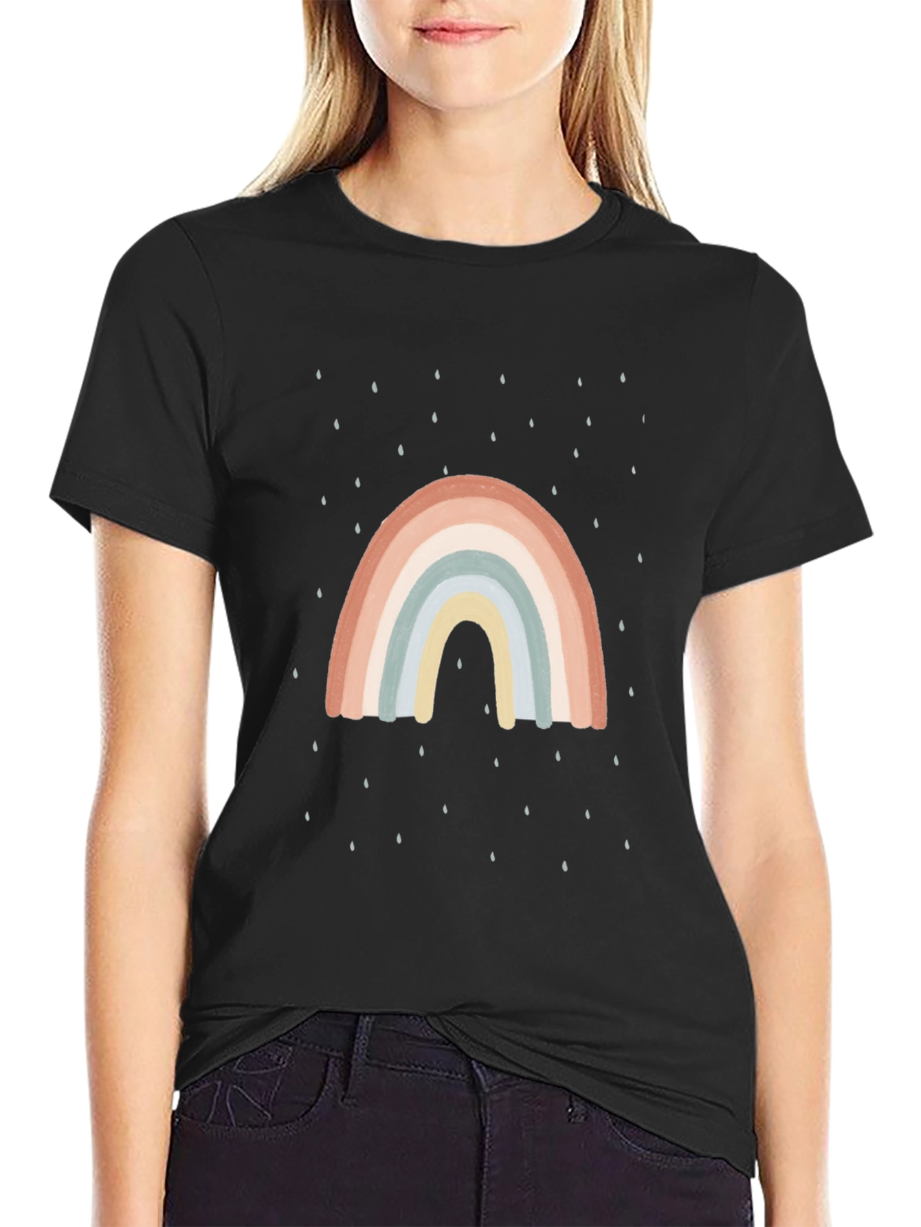 Retro Rainbow Rain Graphic Tee - Black Casual Shirt