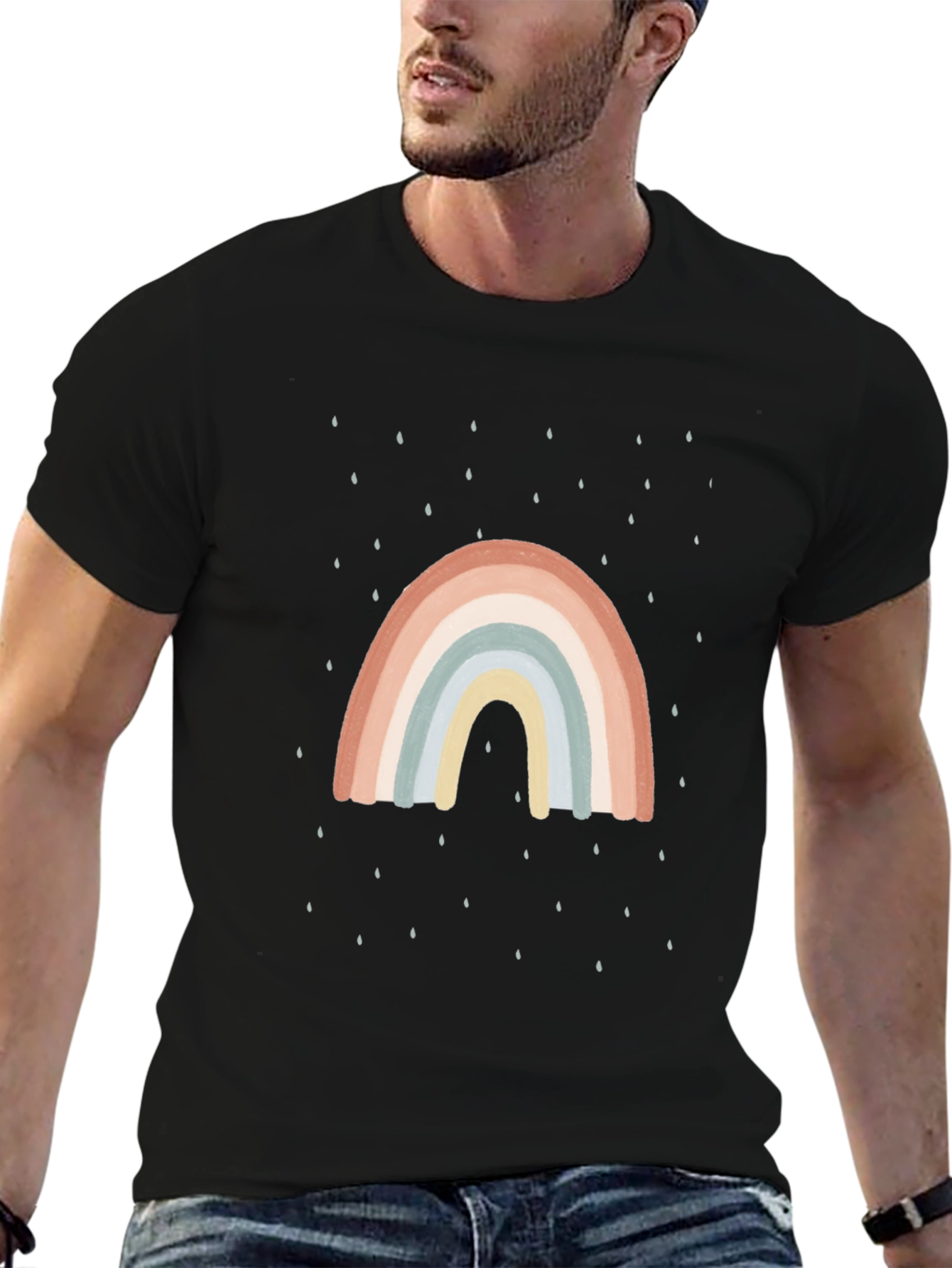 Retro Rainbow Rain Graphic Tee - Black Casual Shirt