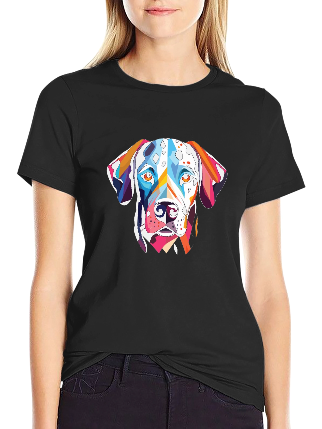 Abstract Dalmatian Dog Graphic Tee - Black Cotton T-Shirt