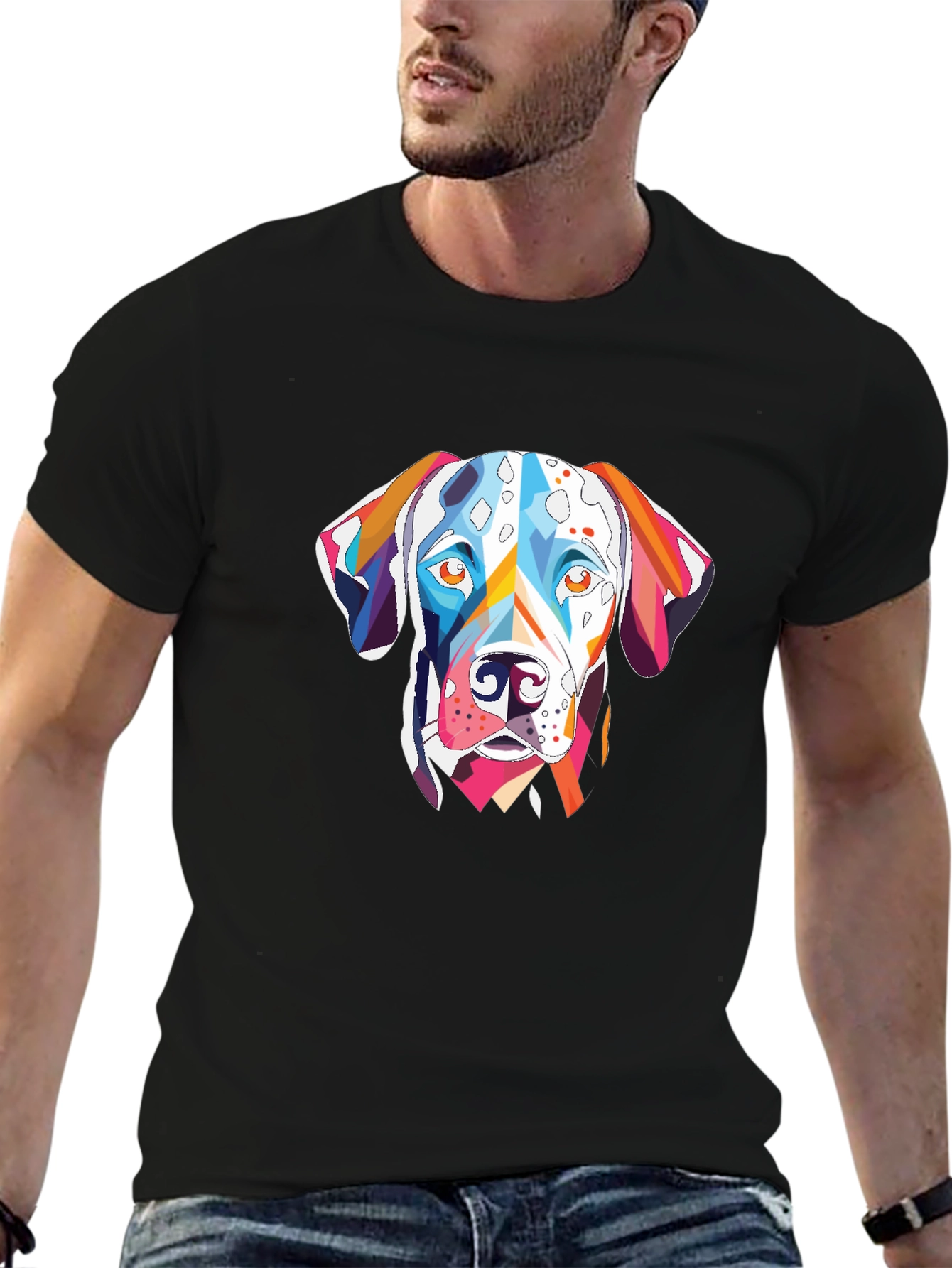 Abstract Dalmatian Dog Graphic Tee - Black Cotton T-Shirt