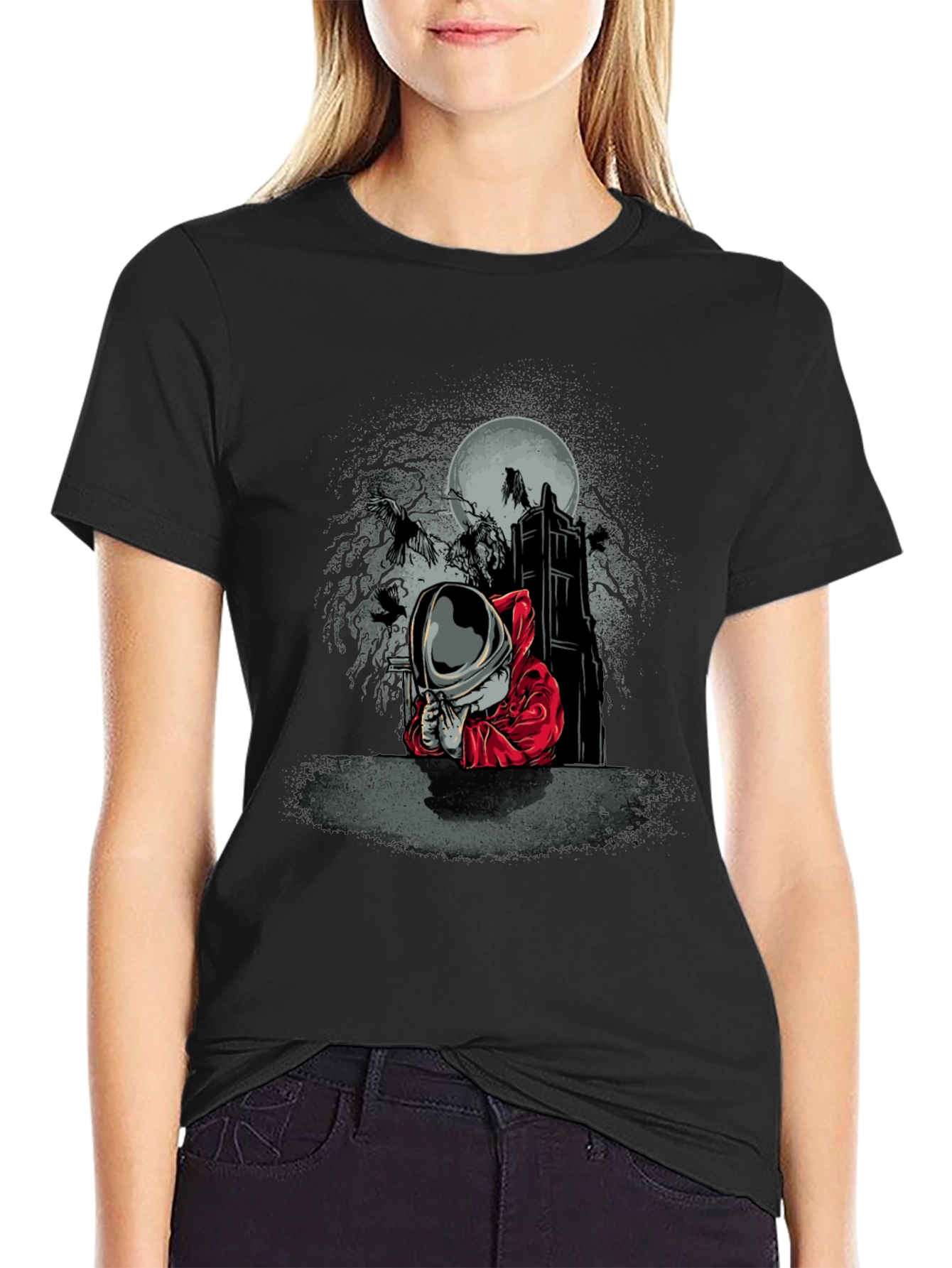 Astronaut Raven Moon T-Shirt - Gothic Space Tee