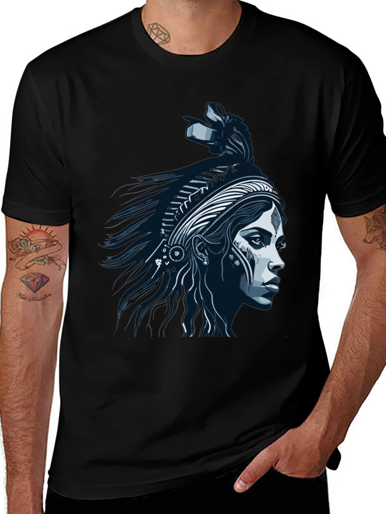 Native Headdress Graphic Tee - Black Cotton T-Shirt