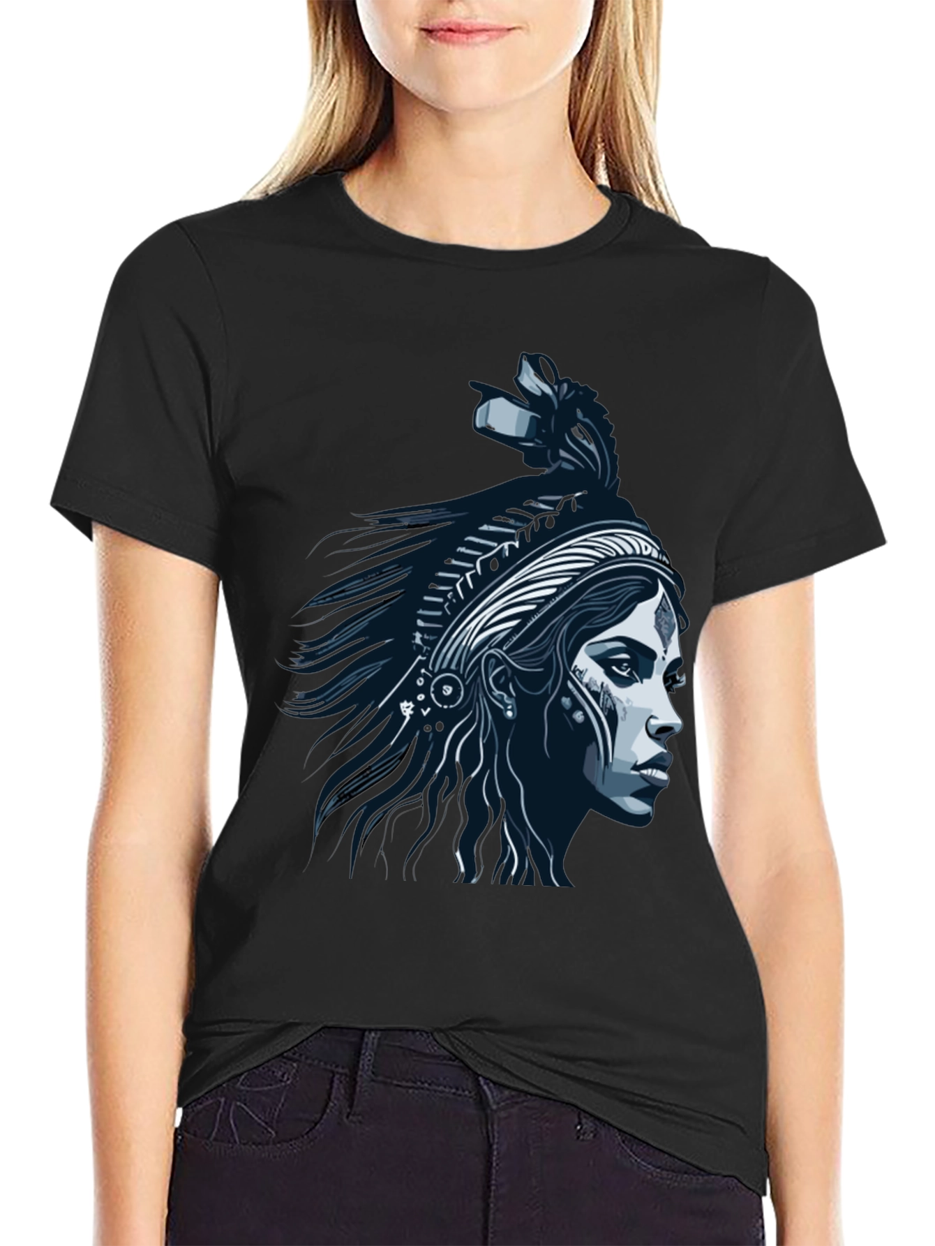 Native Headdress Graphic Tee - Black Cotton T-Shirt