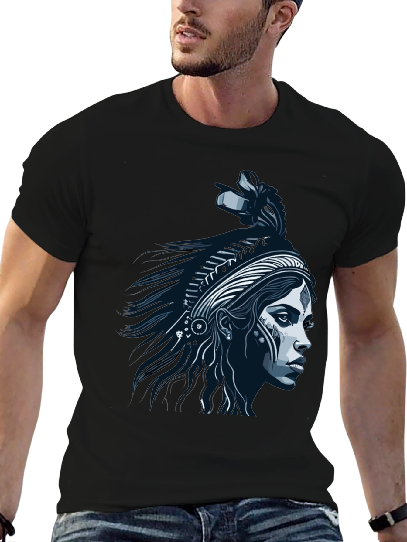 Native Headdress Graphic Tee - Black Cotton T-Shirt