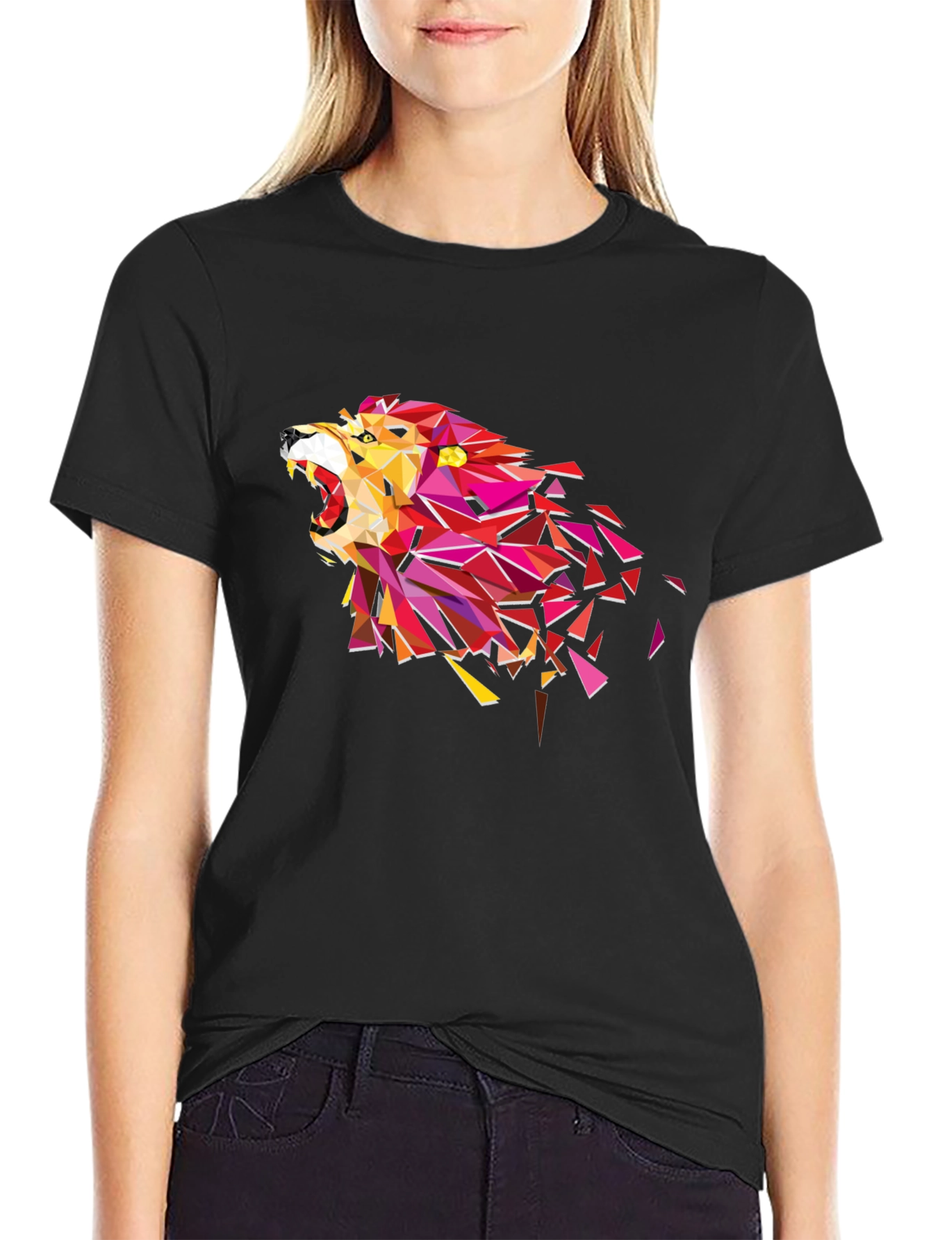 Geometric Lion Head Graphic Tee - Black