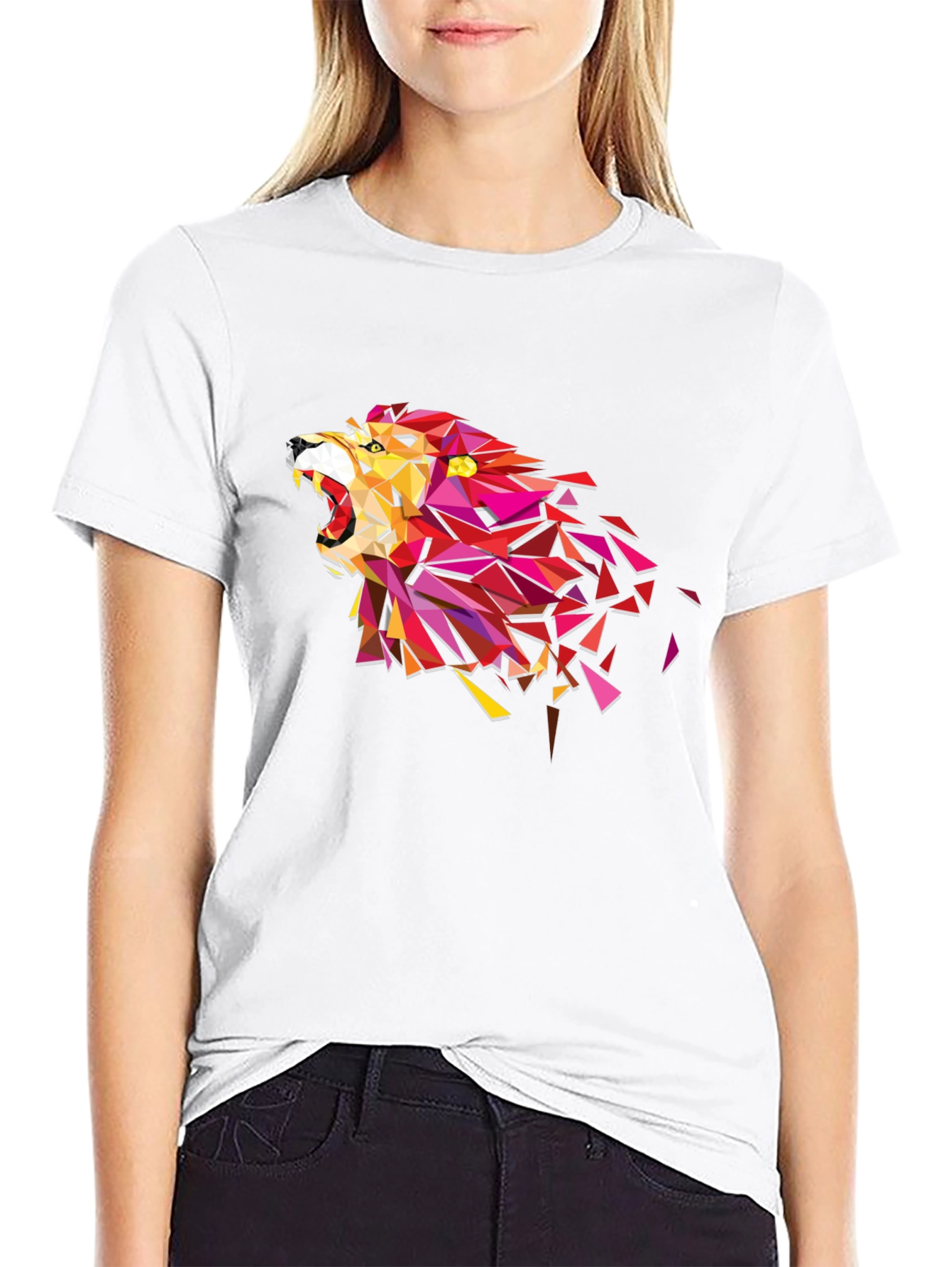 Geometric Lion Head Graphic Tee - Black