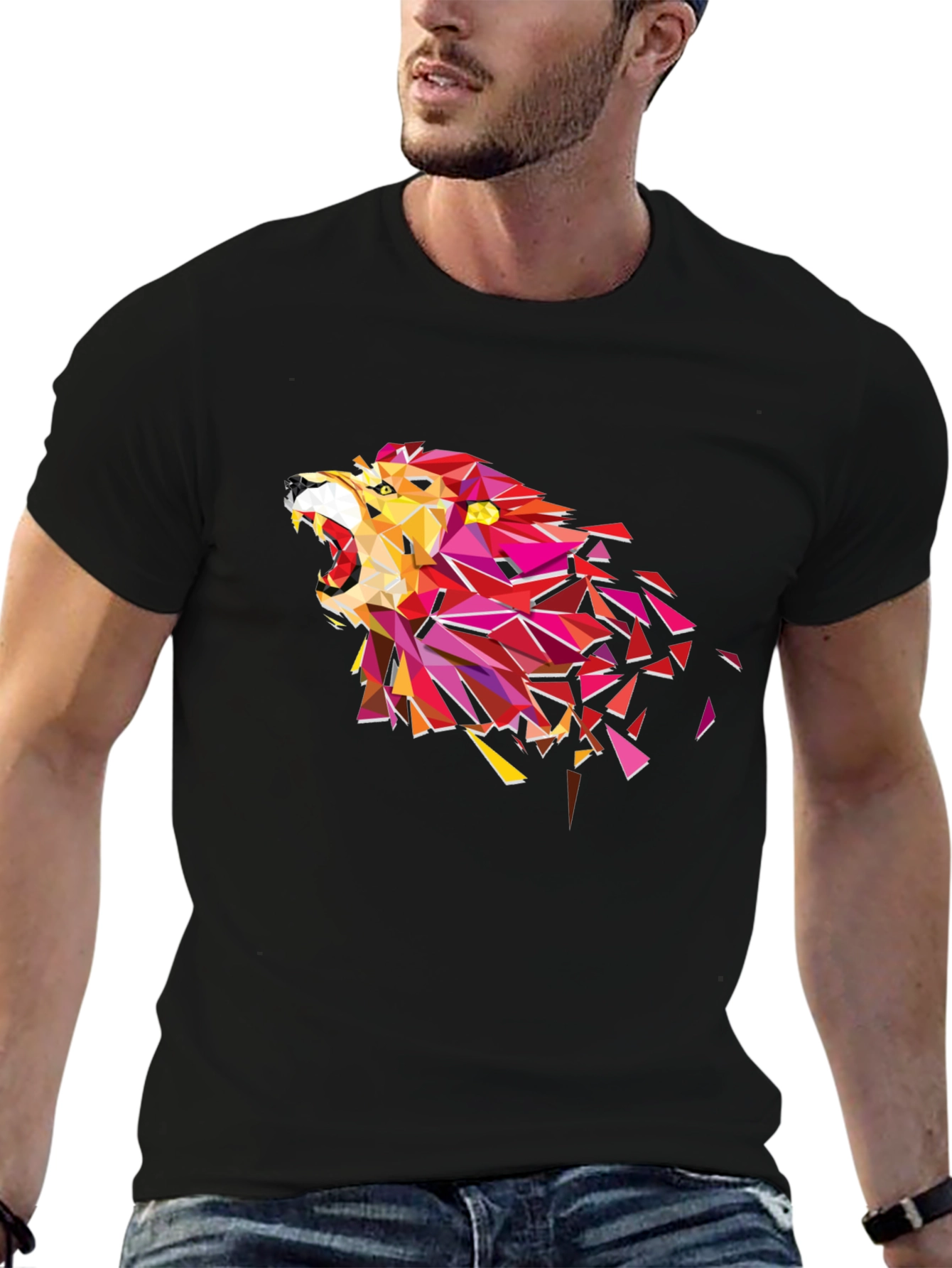 Geometric Lion Head Graphic Tee - Black