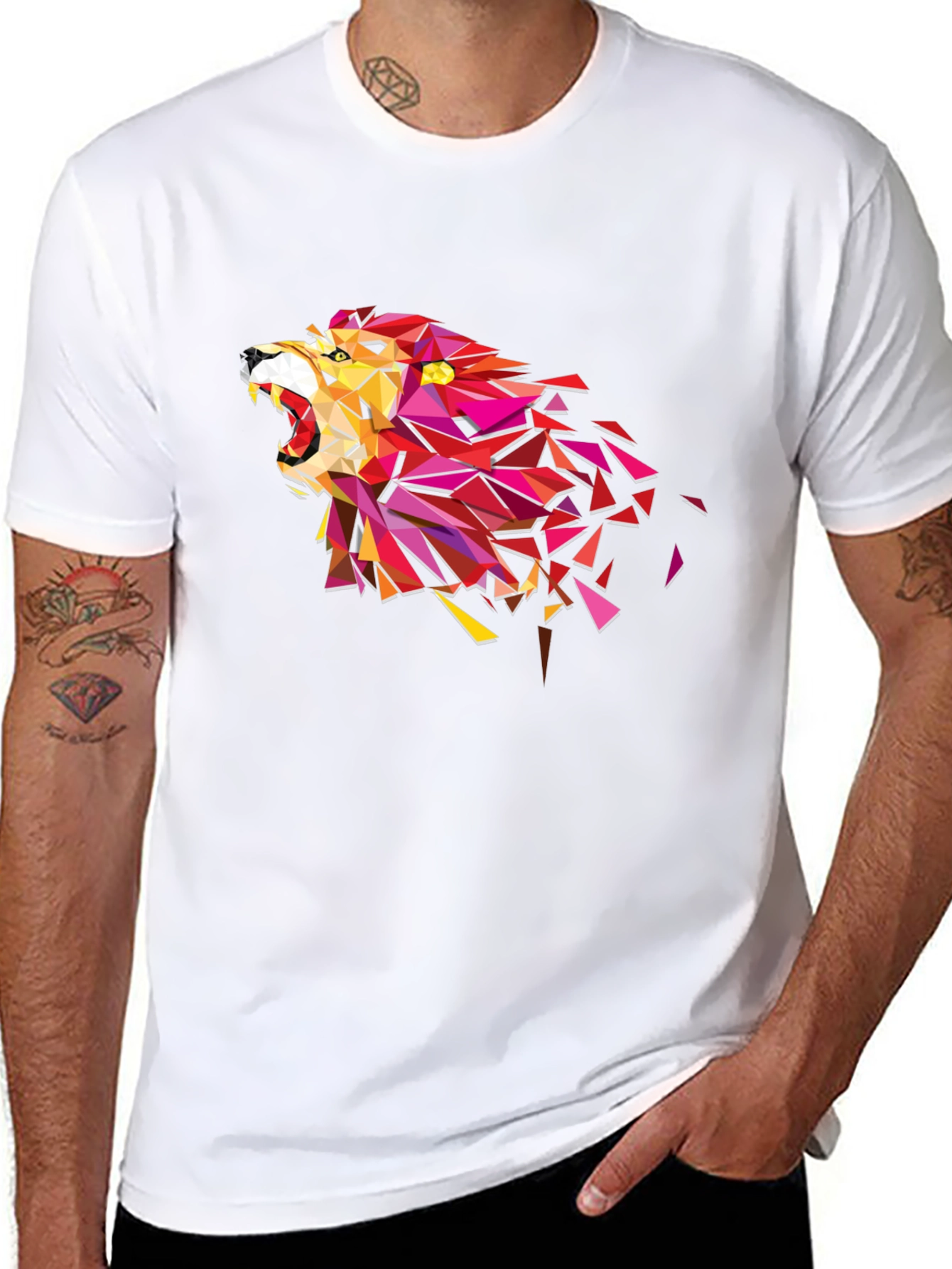 Geometric Lion Head Graphic Tee - Black