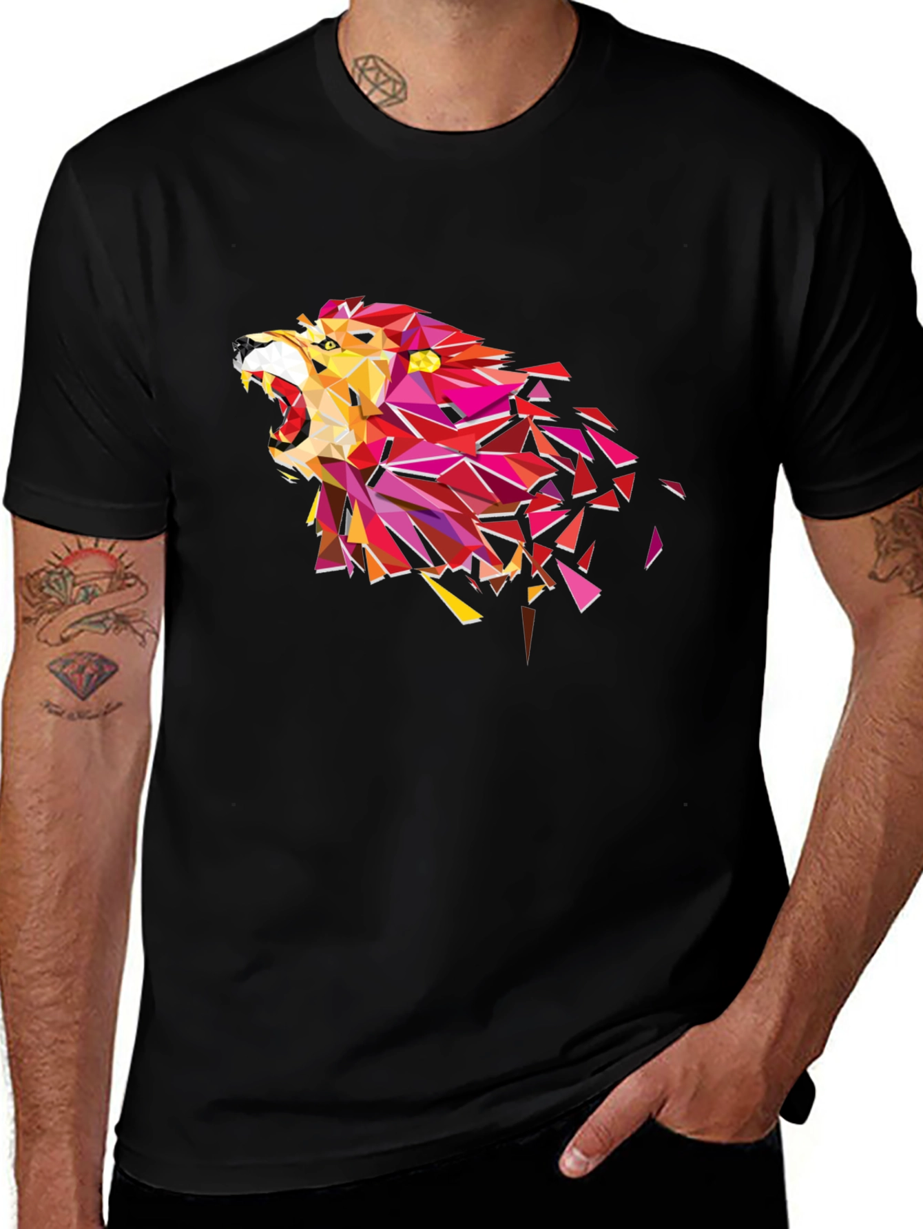 Geometric Lion Head Graphic Tee - Black