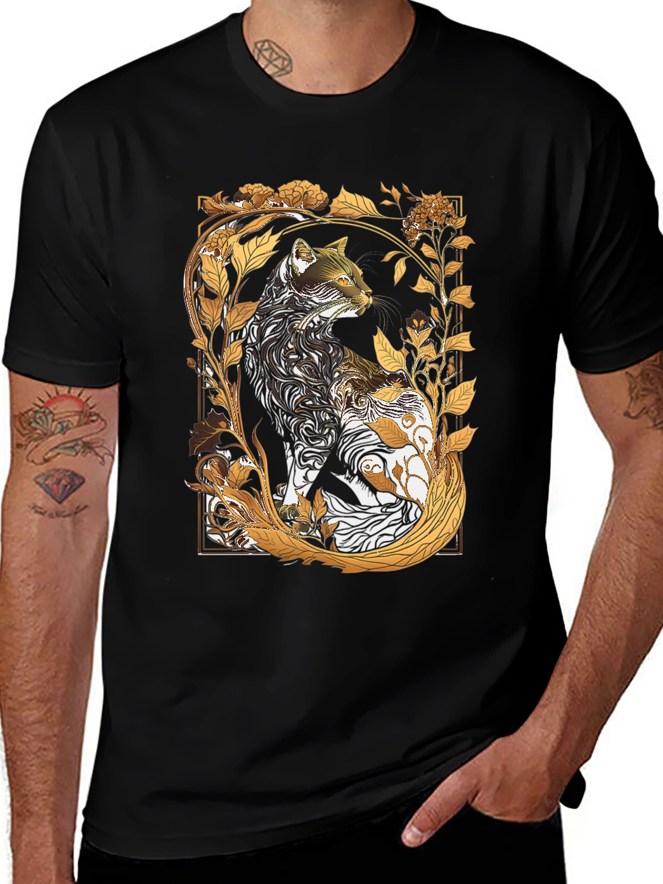 Artistic Cat Graphic Tee - Black