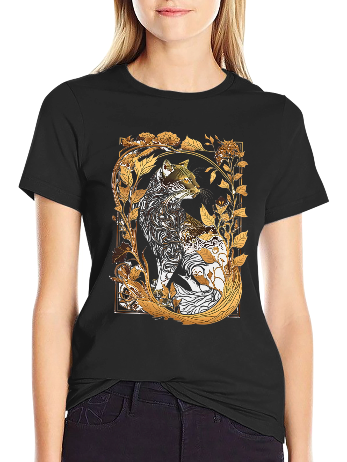 Artistic Cat Graphic Tee - Black