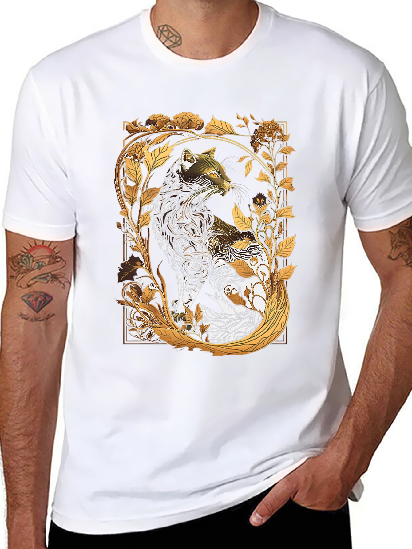 Artistic Cat Graphic Tee - Black