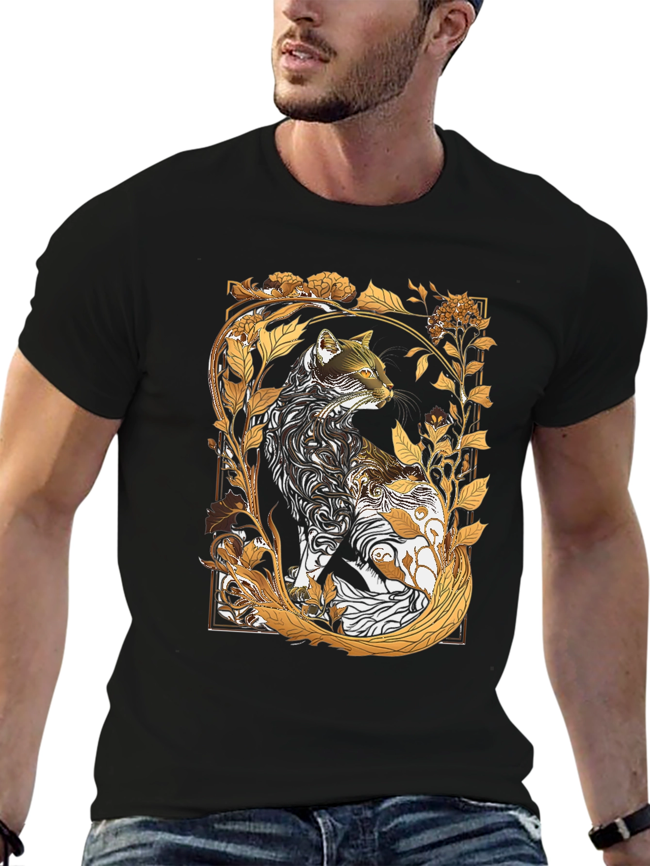 Artistic Cat Graphic Tee - Black